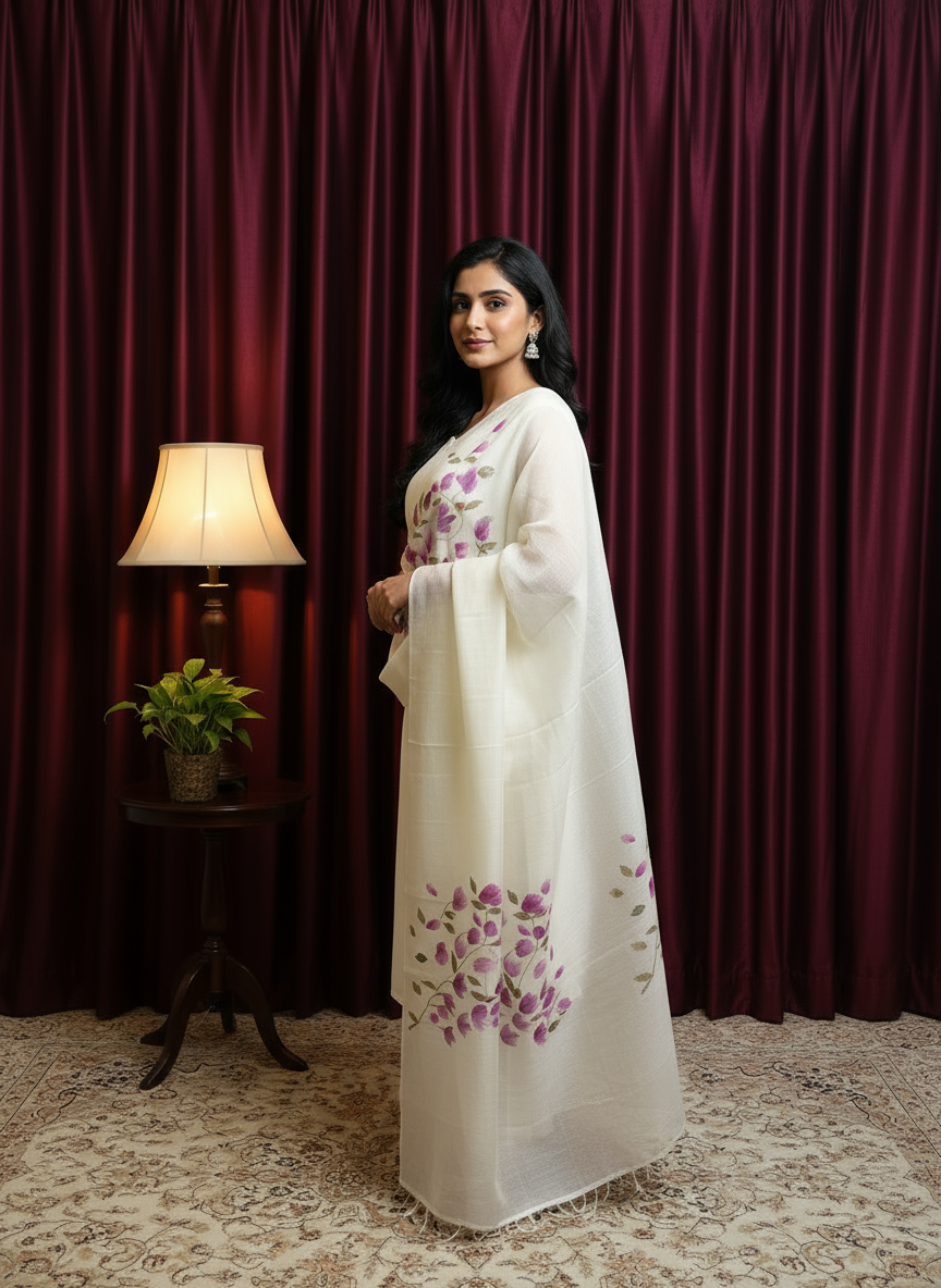 White Tissue Dupatta with Pink Floral Hand-Paint Design