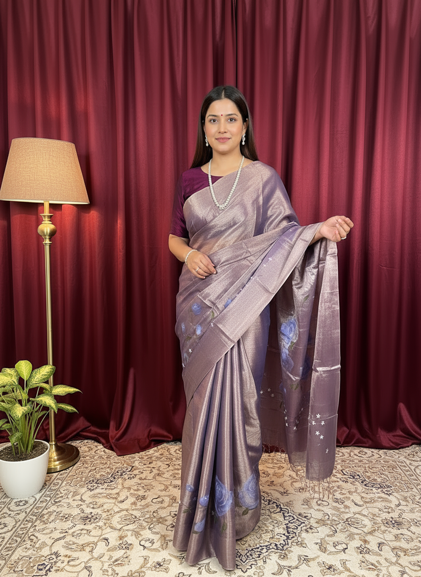 Lavender Rich Look Floral  Hand-Printed Saree