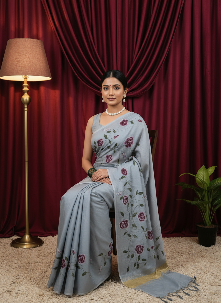 Gray Cotton Hand Print Floral Saree