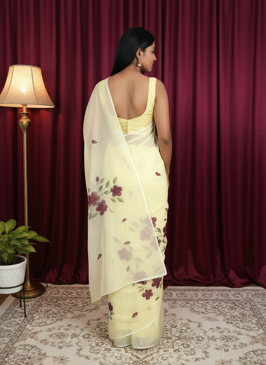 Lemon Georgette Saree with Floral Hand-Paint Design