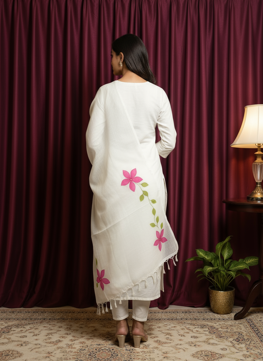White Cotton Dupatta with Pink Floral Hand-Paint Design