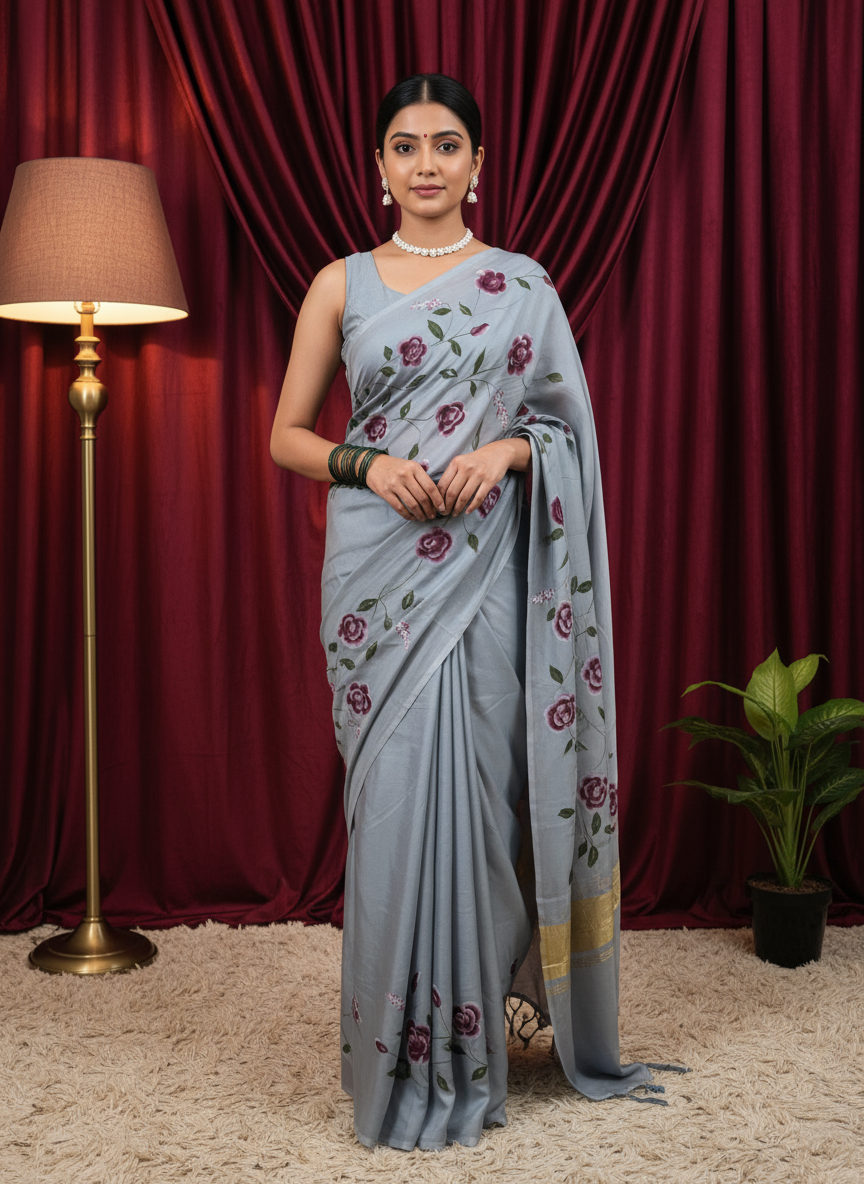 Gray Cotton Hand Print Floral Saree