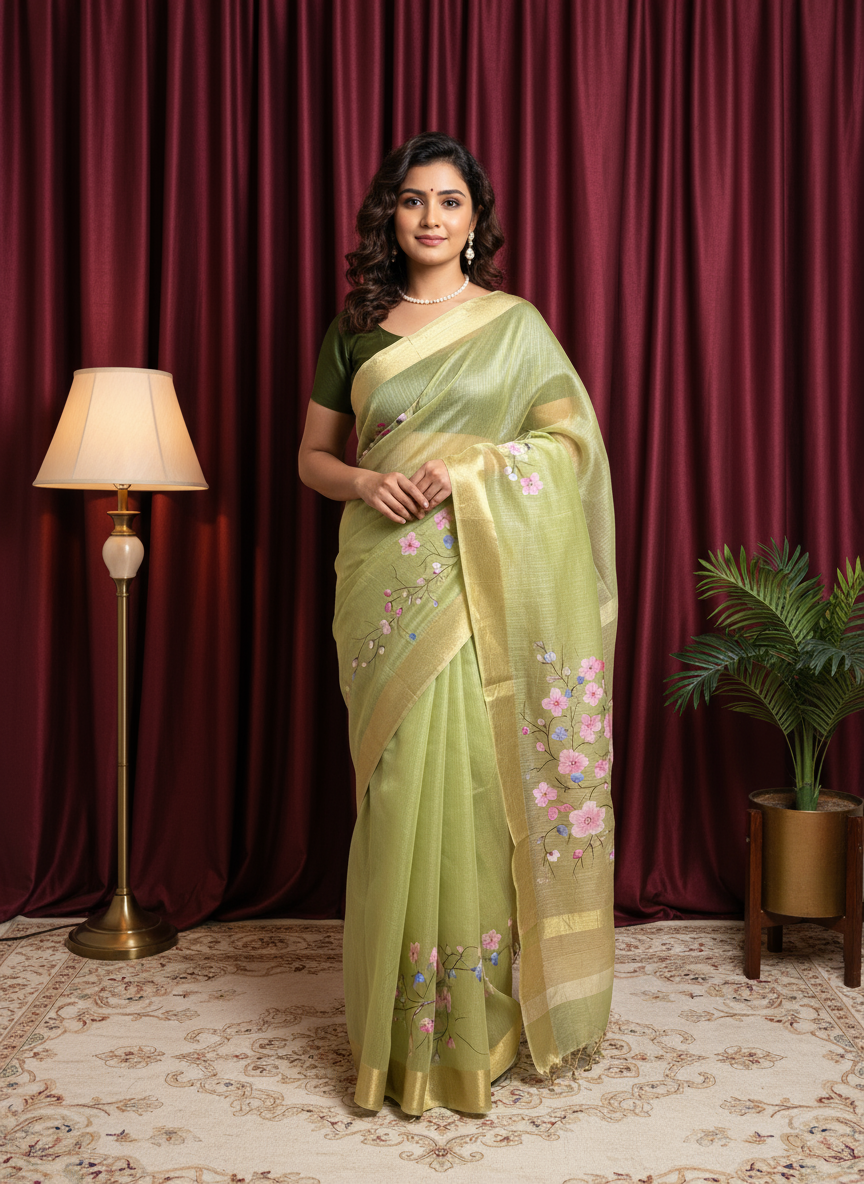 Green Pure Silk Hand Print Floral Saree