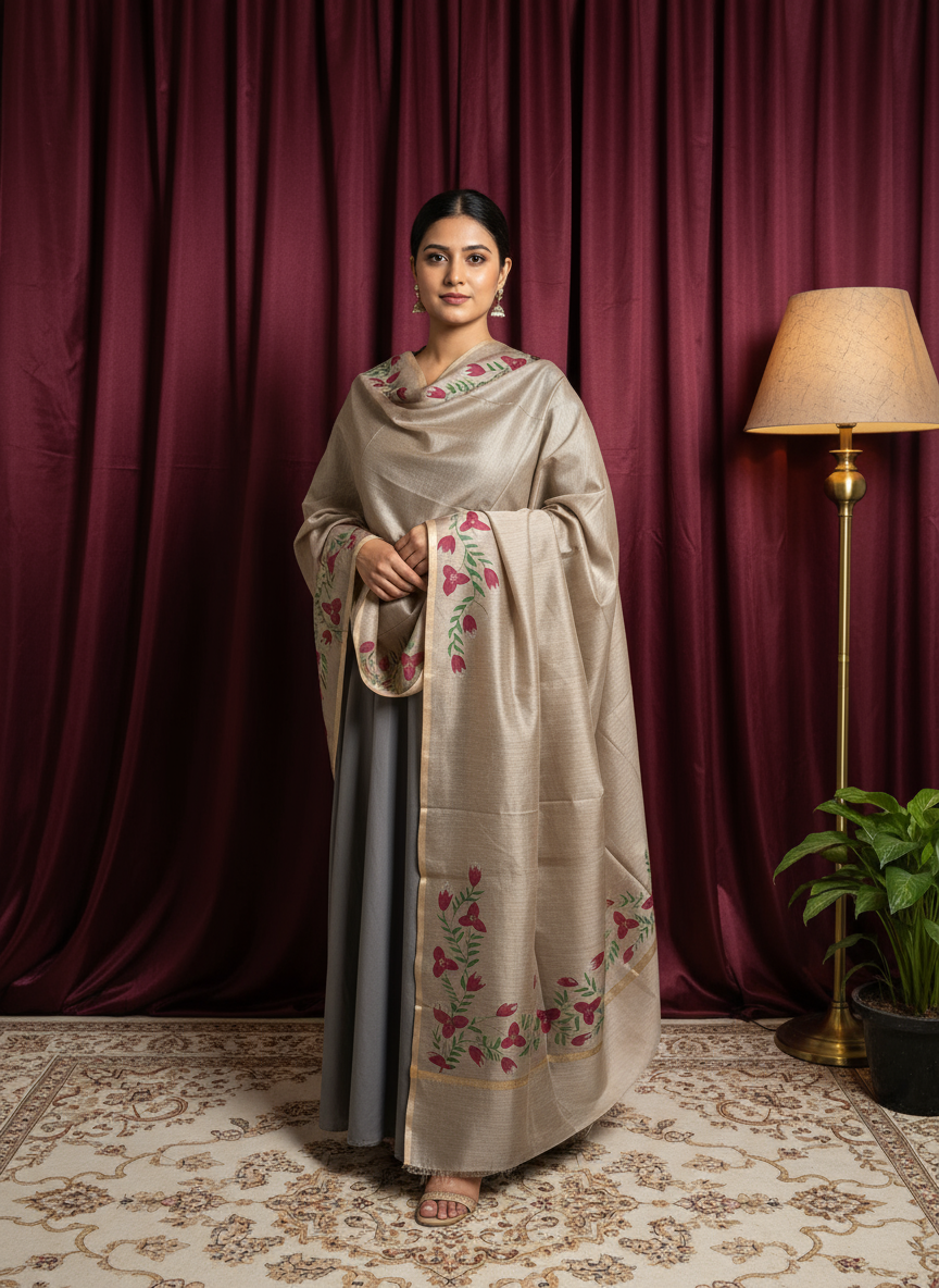 gray Dupatta with floral print