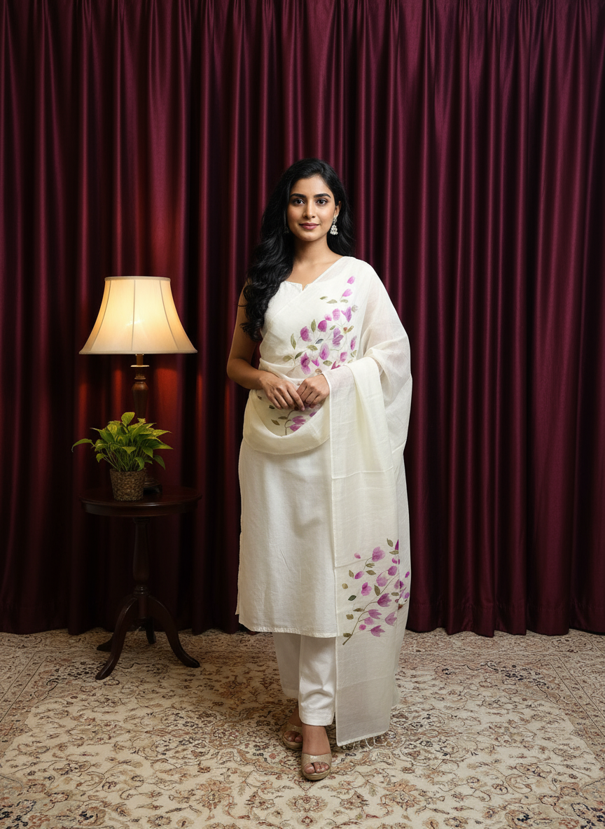 White Tissue Dupatta with Pink Floral Hand-Paint Design