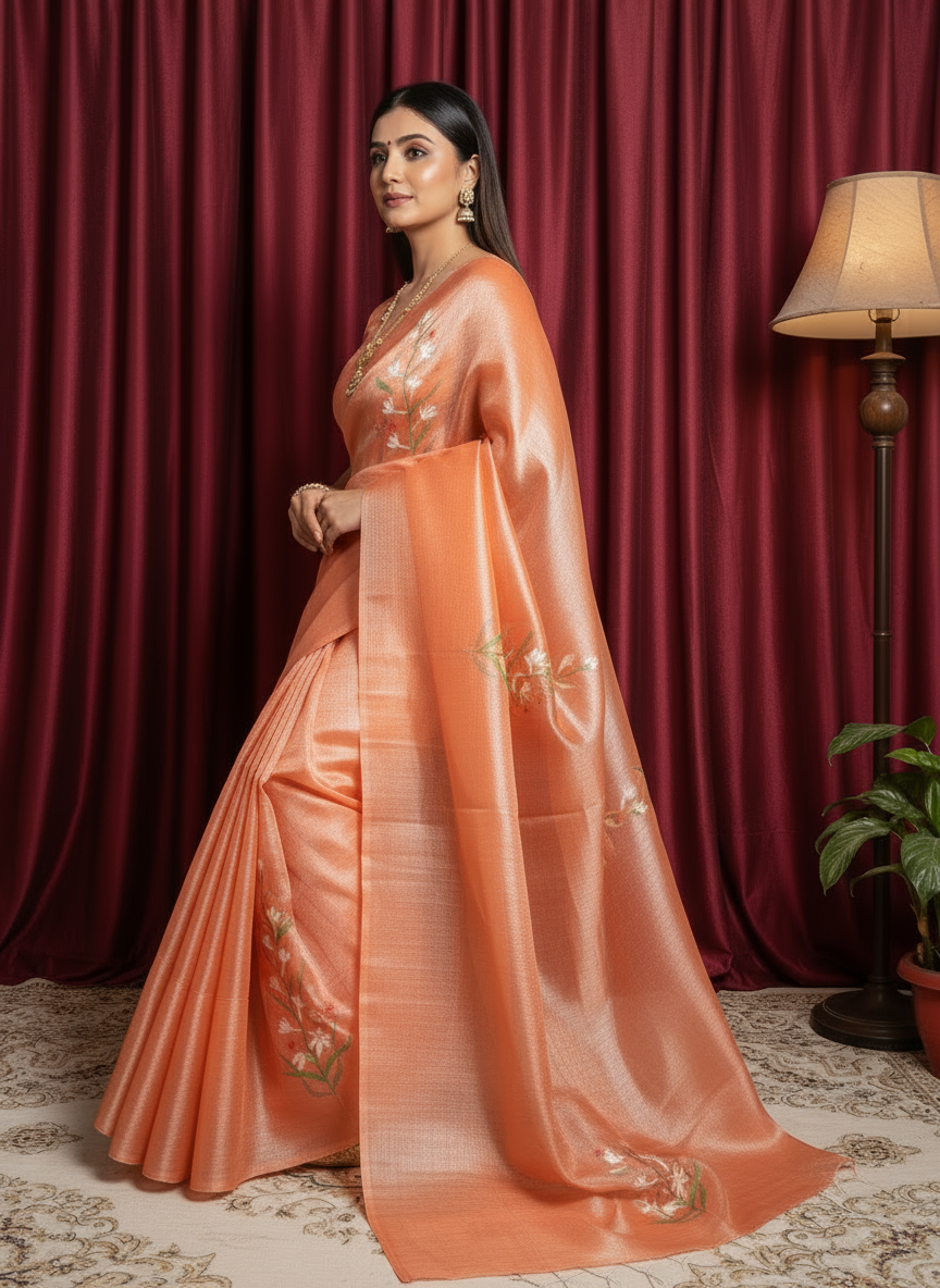 Orange Silk Floral Hand-Painted Saree