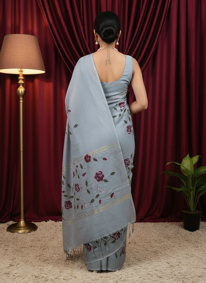 Gray Cotton Hand Print Floral Saree
