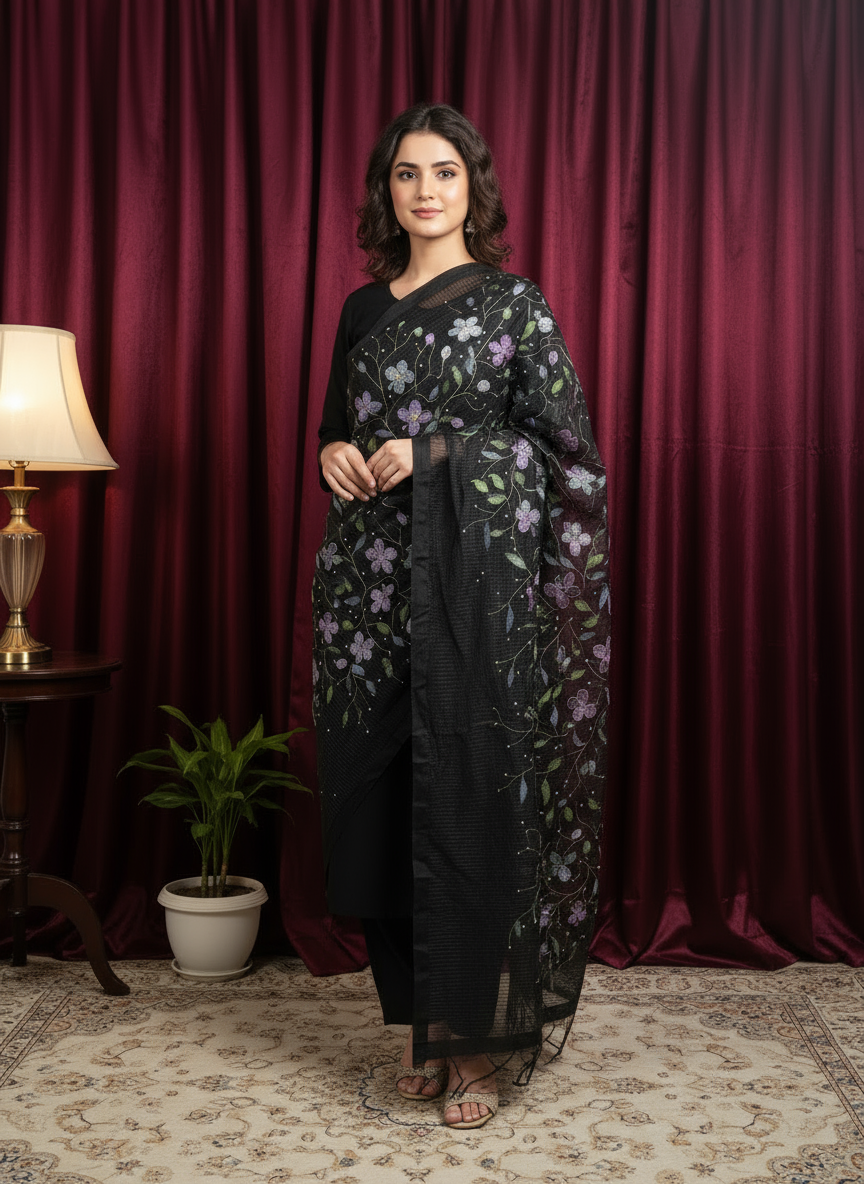 Black Floral Hand PRint Dupatta