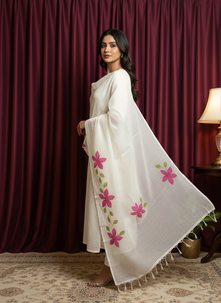 White Cotton Dupatta with Pink Floral Hand-Paint Design