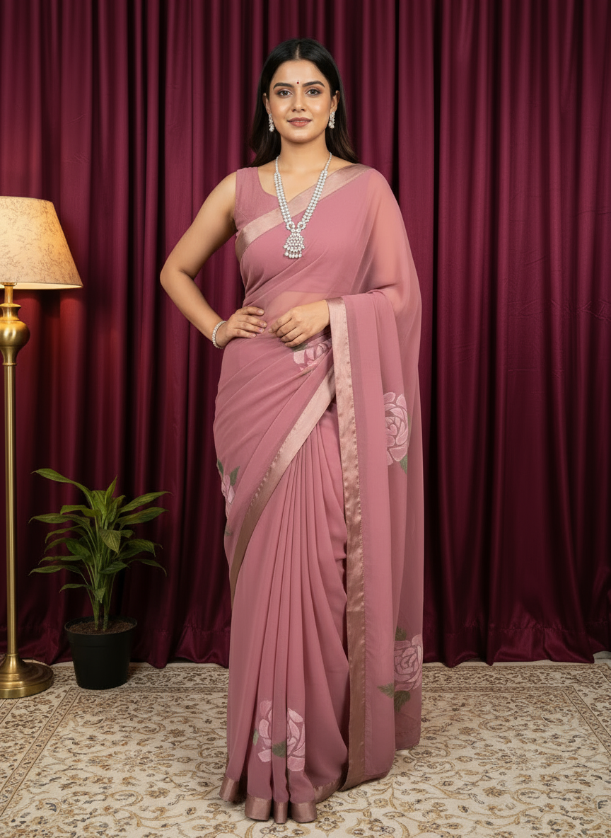 Rose Pink Chiffon Hand-Painted Saree