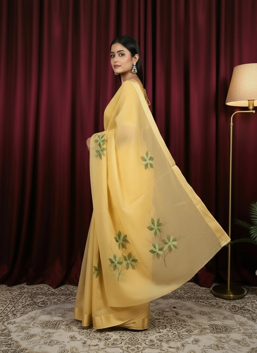 Yellow Georget with Satin Patta Floral  saree