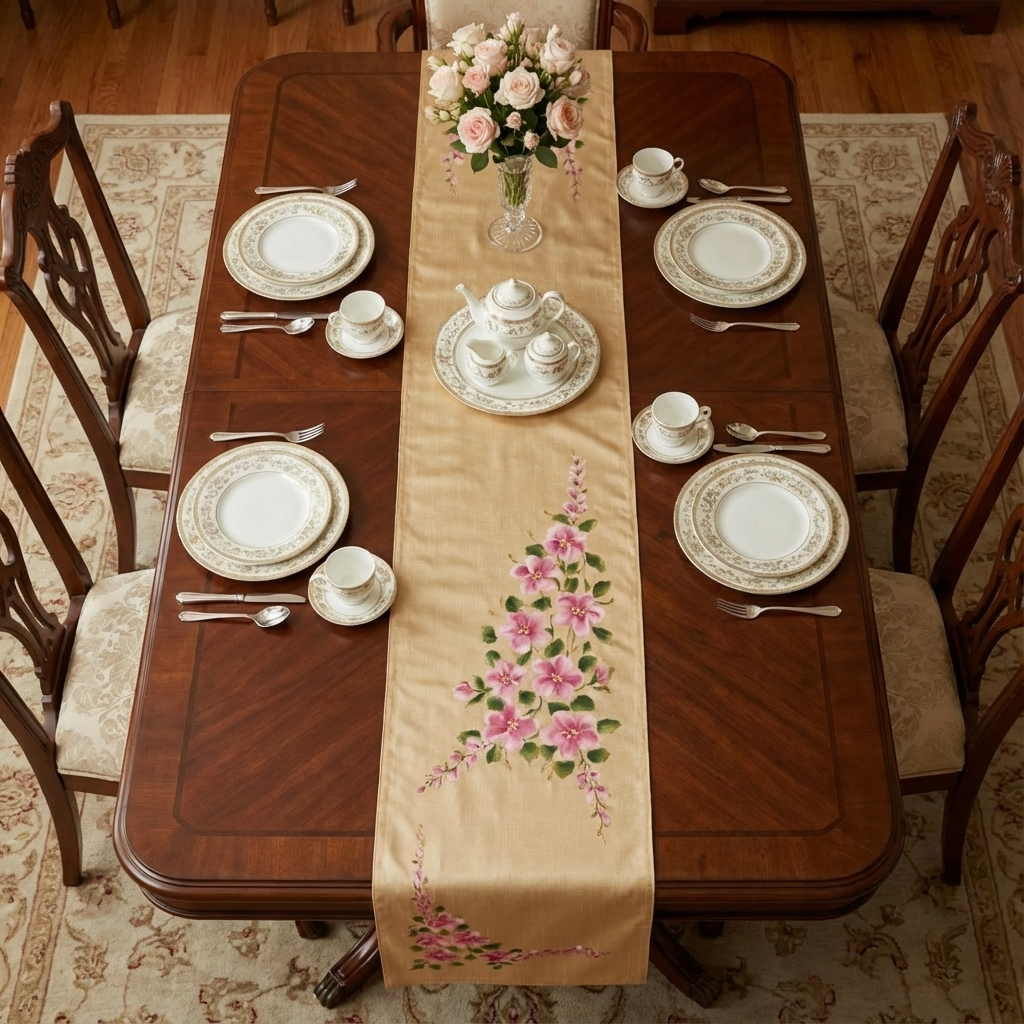 Pure Bliss Soft Beige Table Runner with Pink Hand-Painted Florals