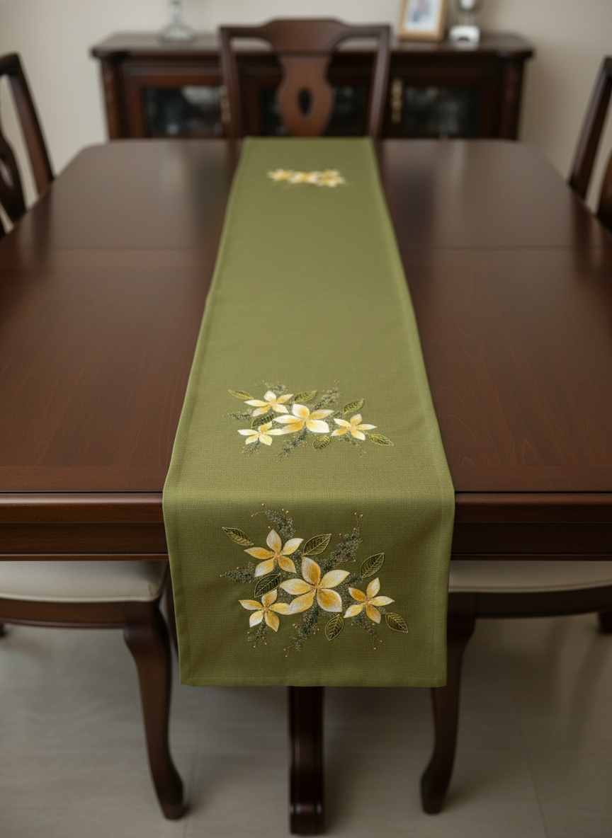 Olive Green Hand-Painted Design Table Runner