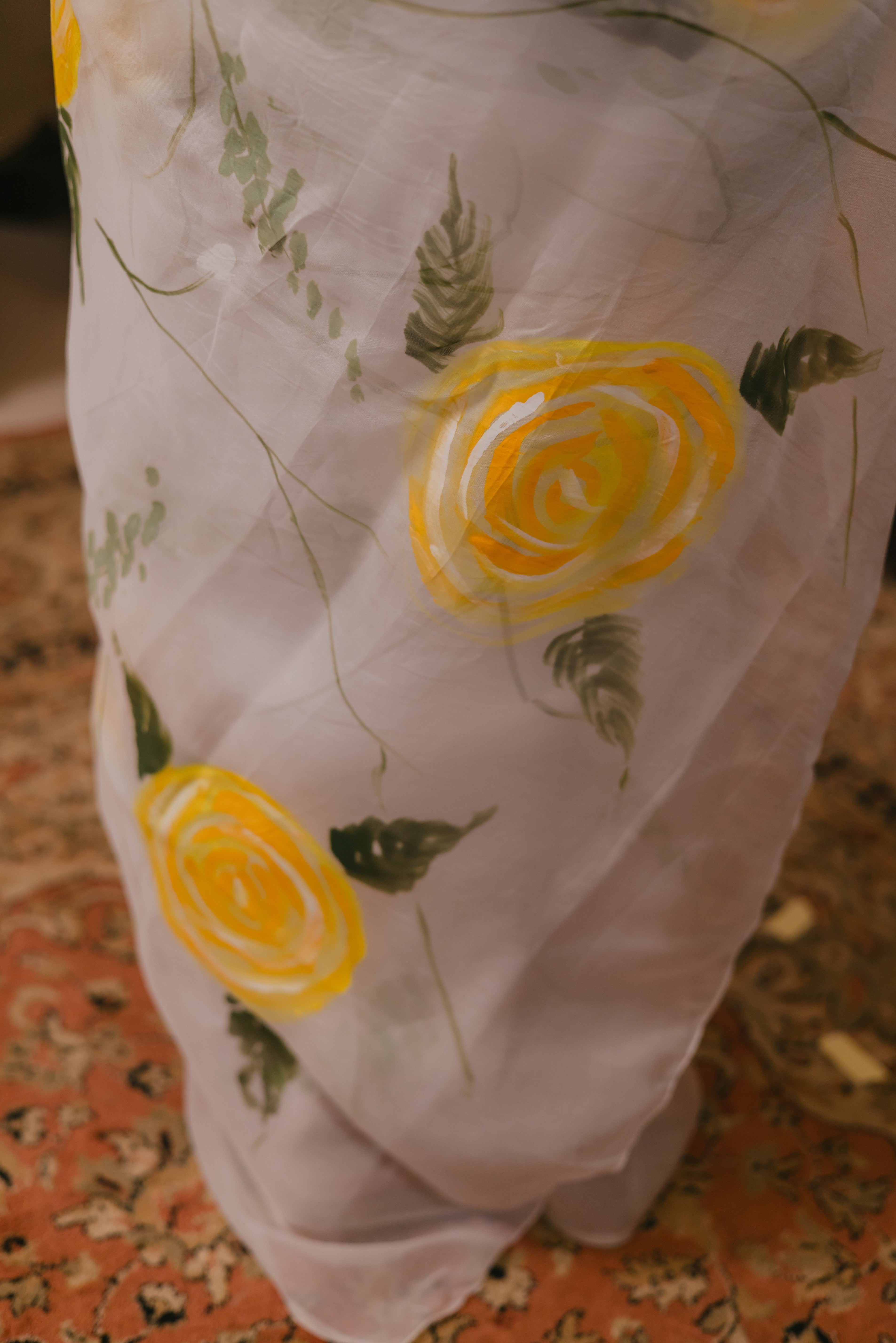 Cotton Tissue White & Yellow Floral Saree