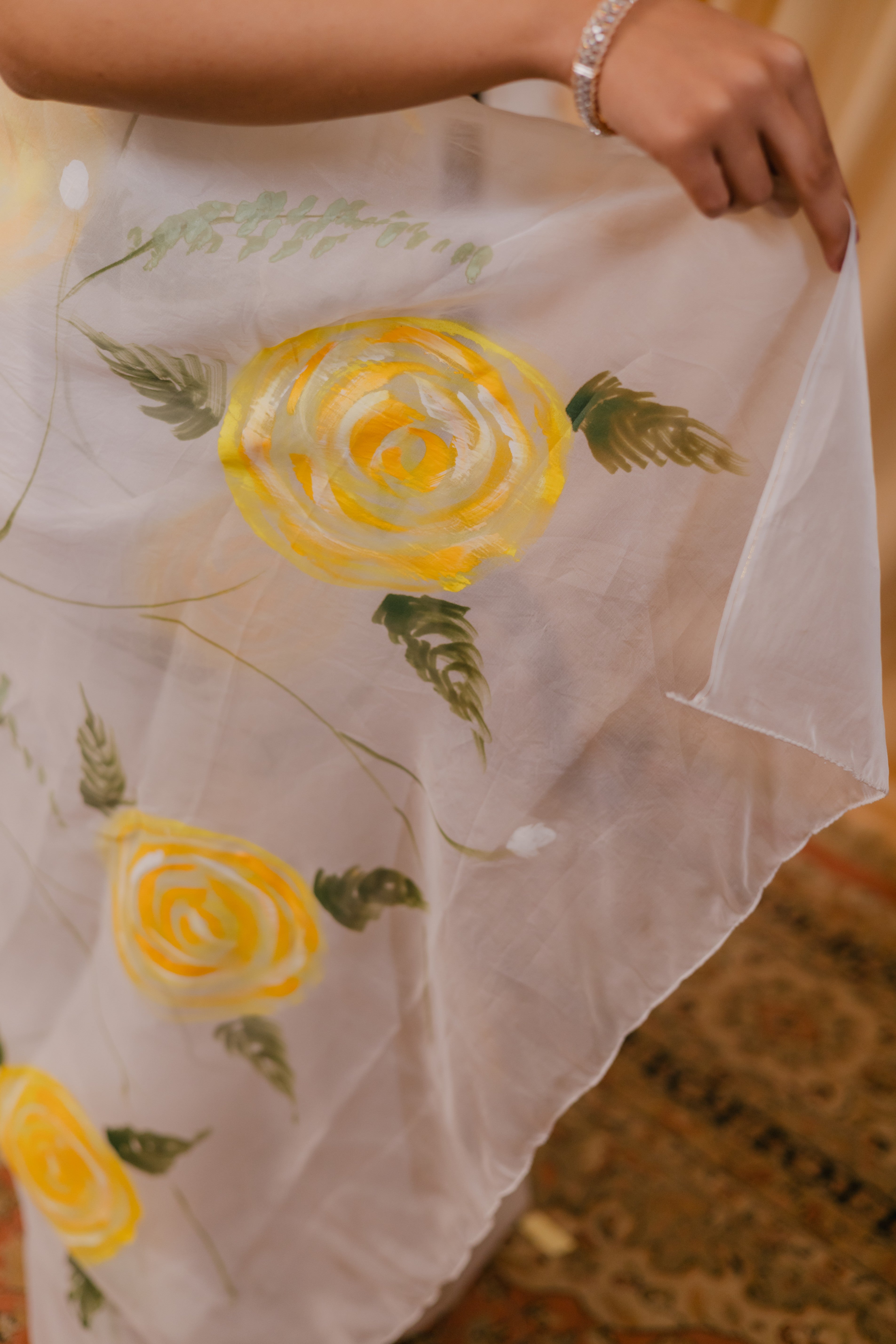 Cotton Tissue White & Yellow Floral Saree