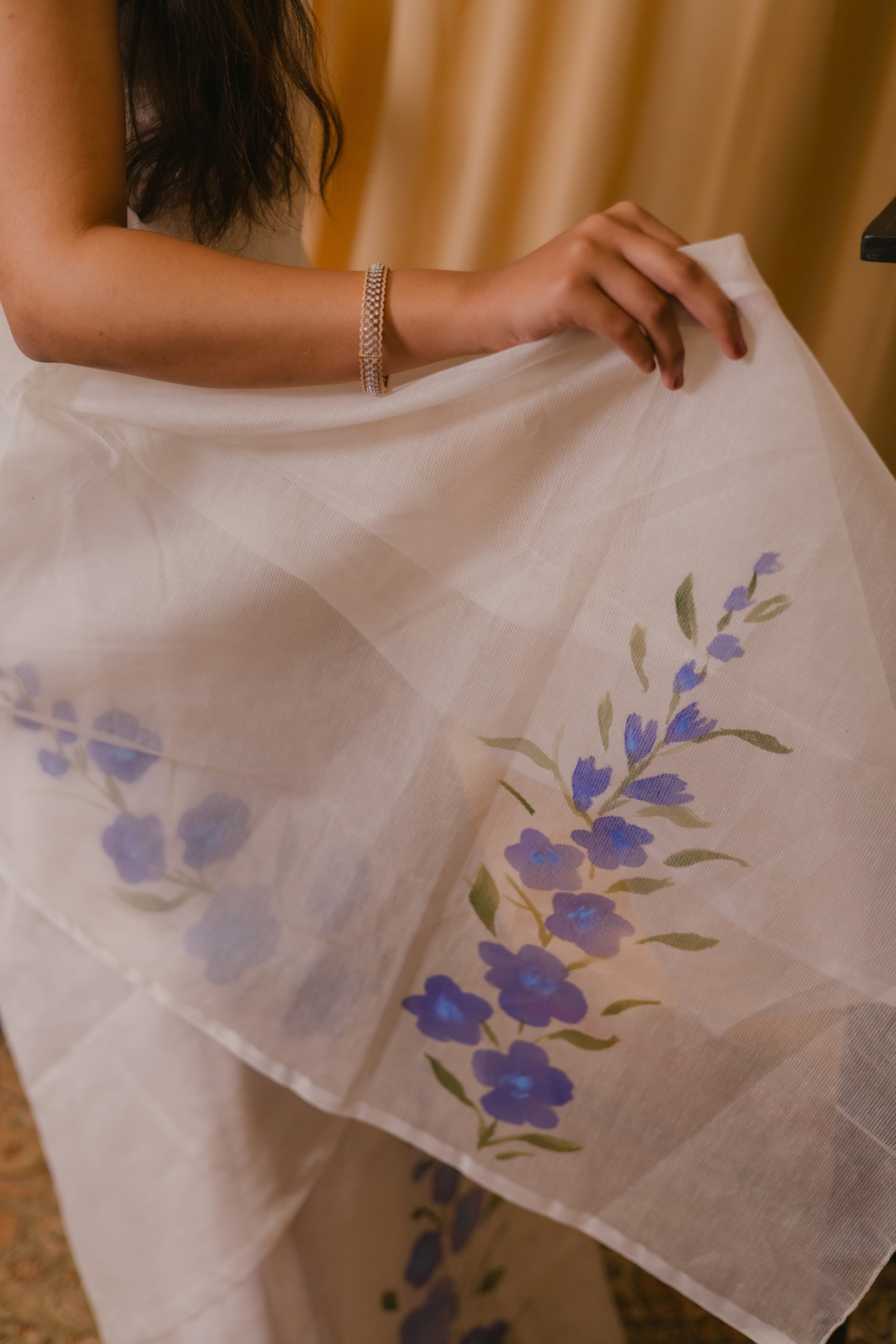 purple hand-printed floral designs saree