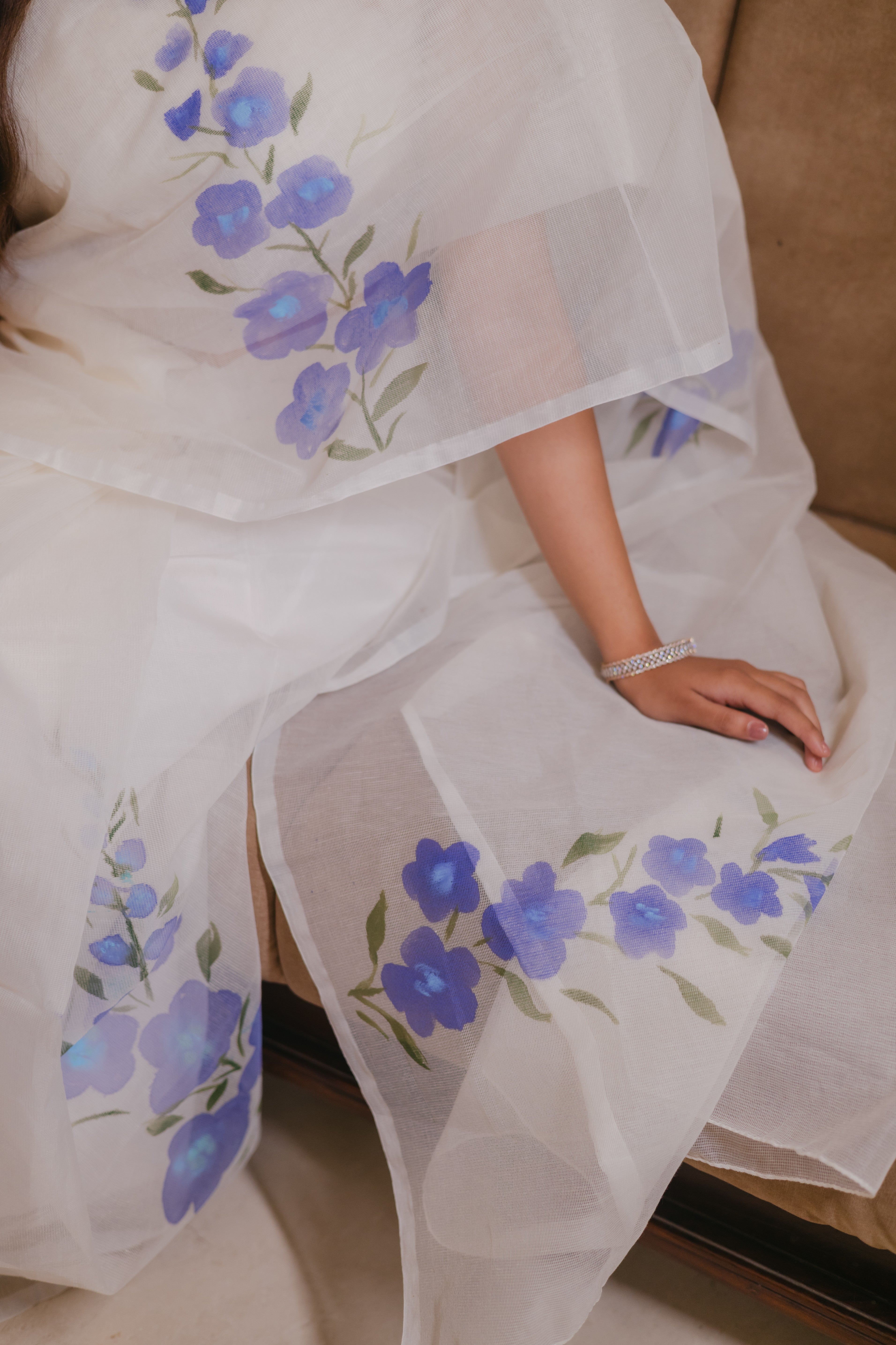 purple hand-printed floral designs saree