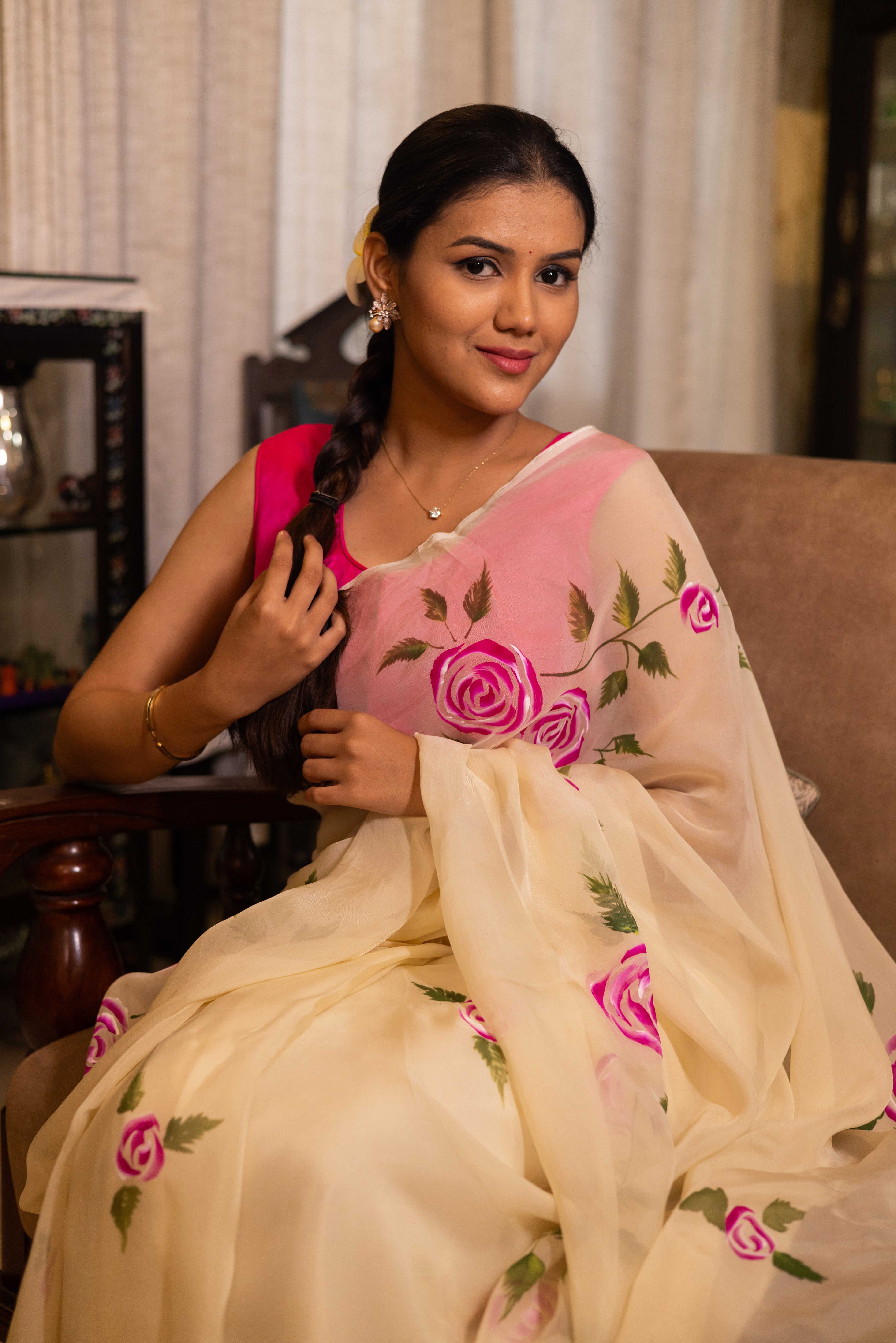 Cotton Tissue Pink Rose Floral Saree