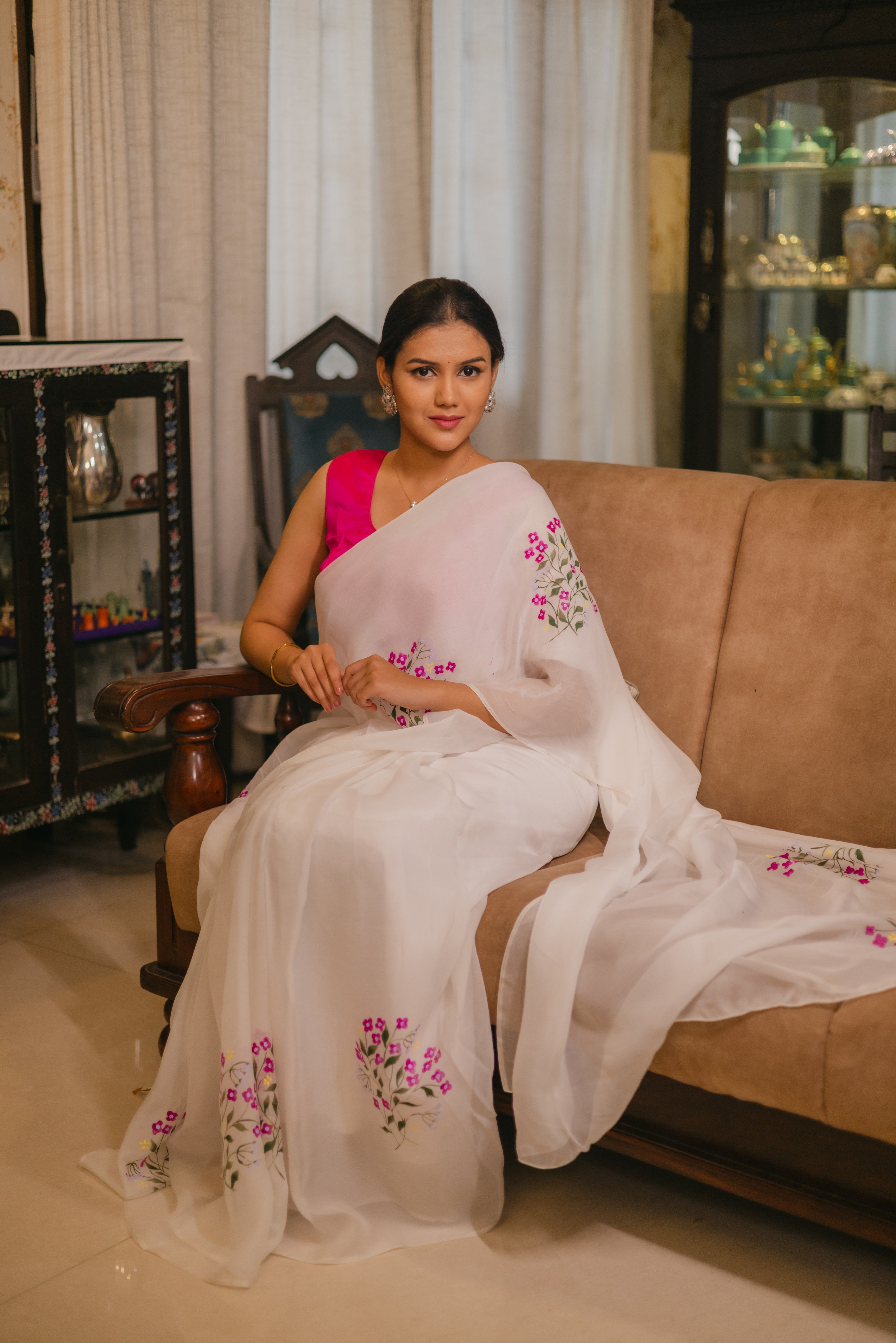 White Cotton Tissue Saree with Floral Hand-Paint Design