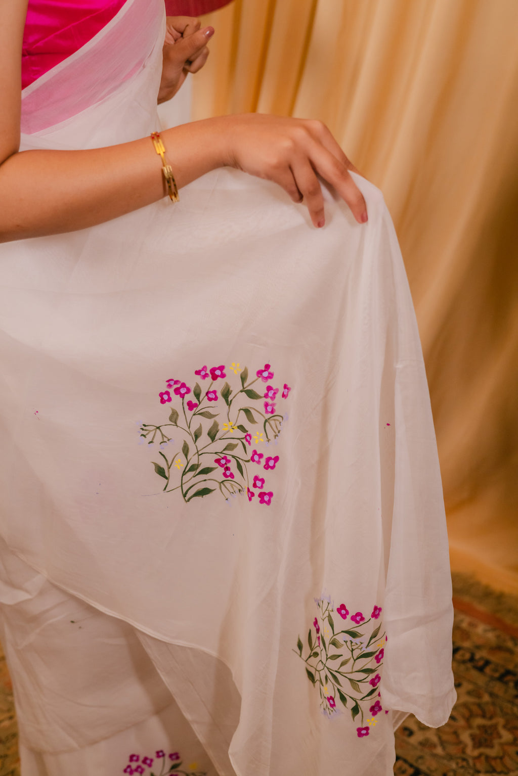 White Cotton Tissue Saree with Floral Hand-Paint Design