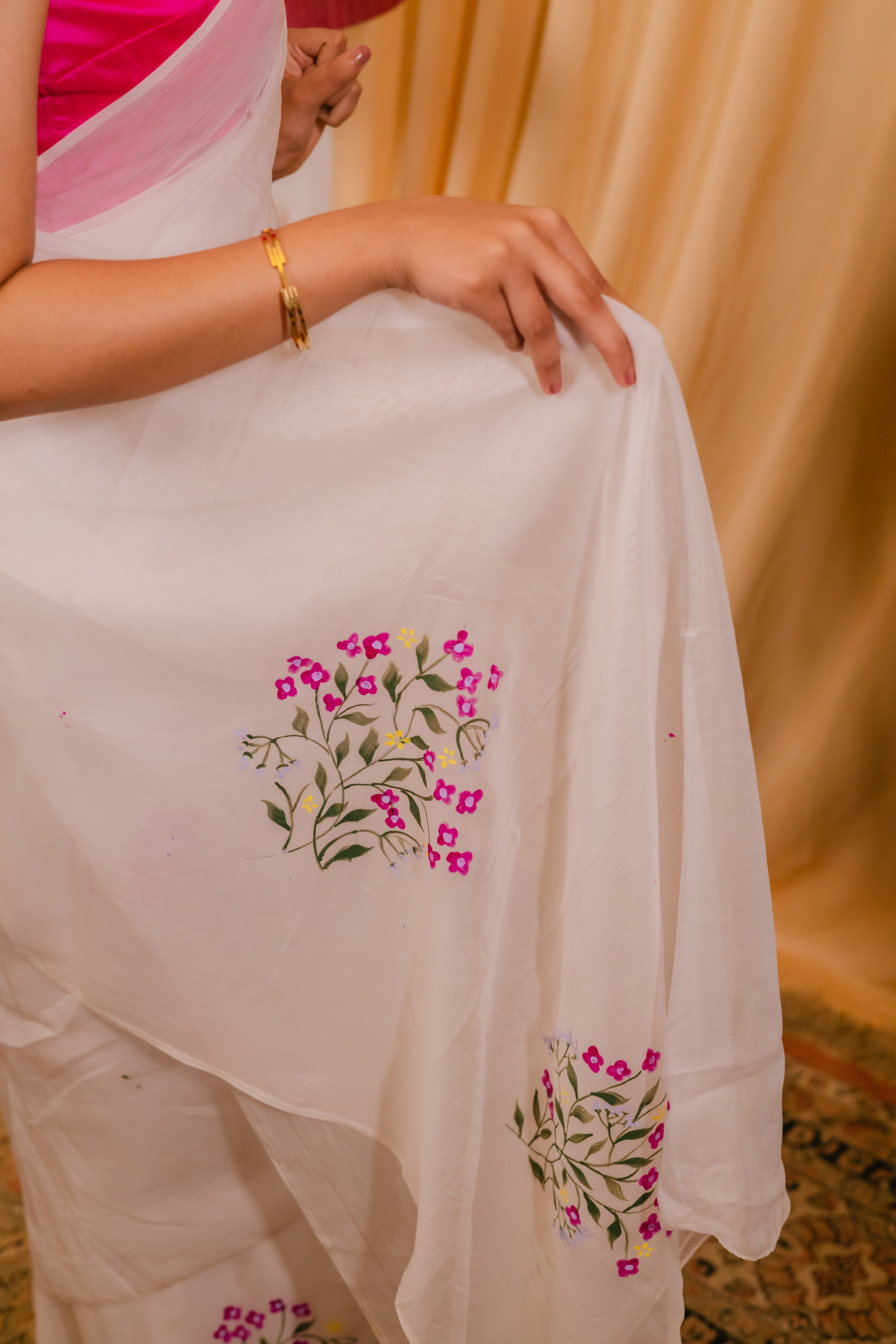 White Cotton Tissue Saree with Floral Hand-Paint Design