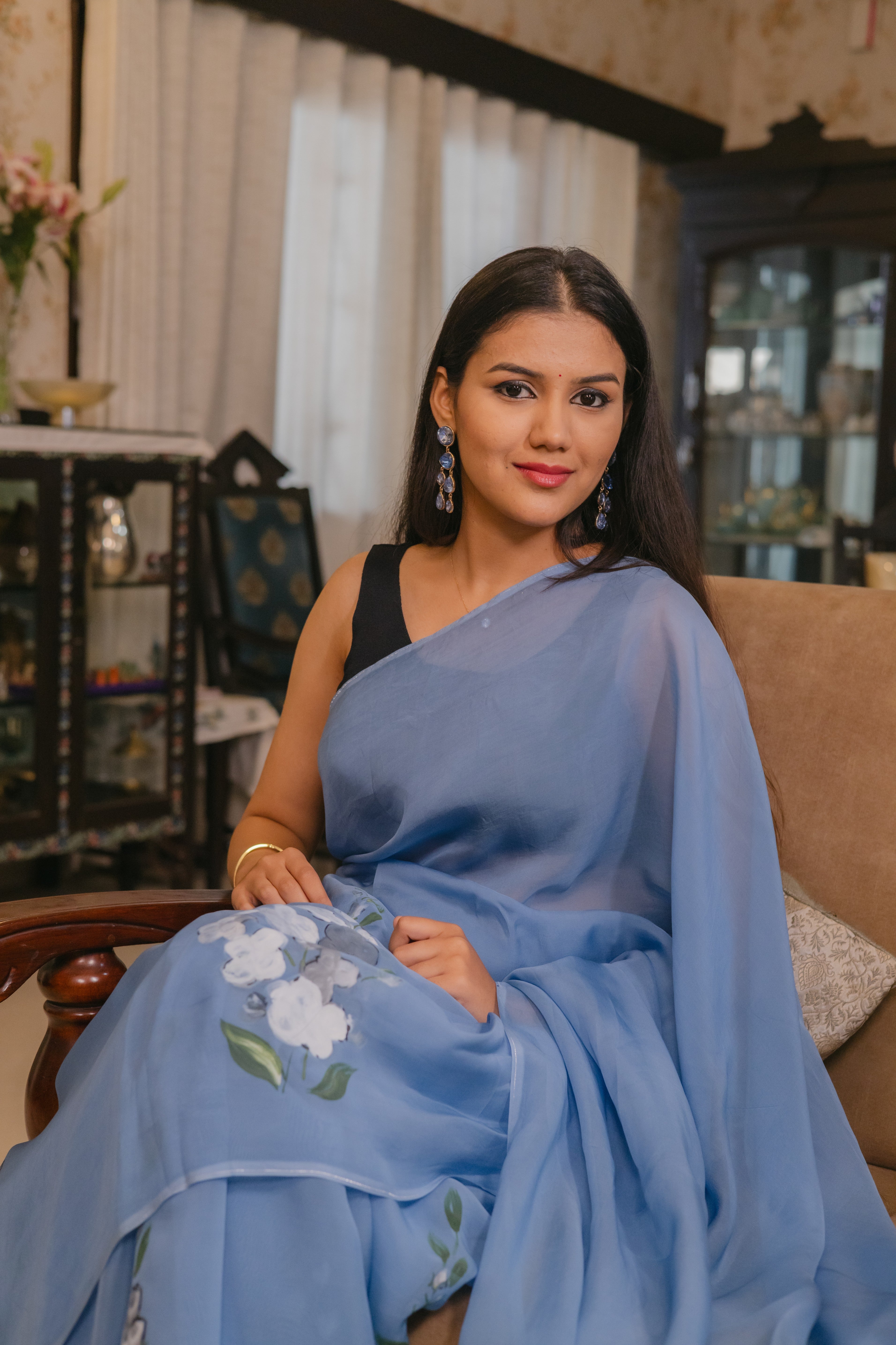 Blue Saree with Exquisite Hand-Printed Design