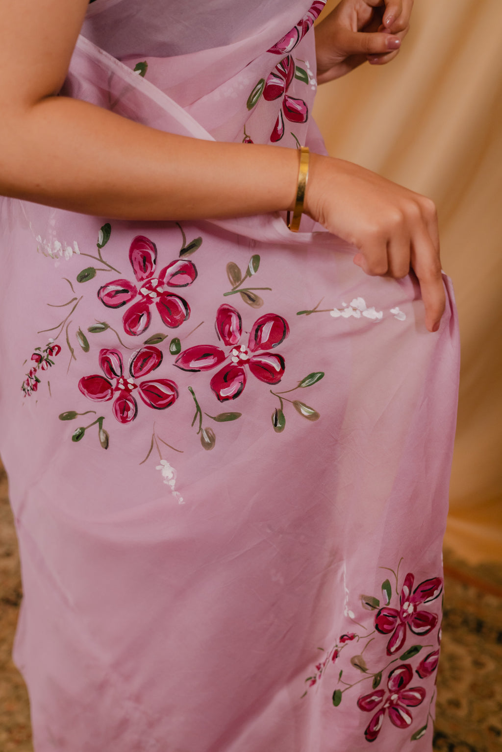Wine Cotton Tissue Saree with Floral Hand-Paint Design