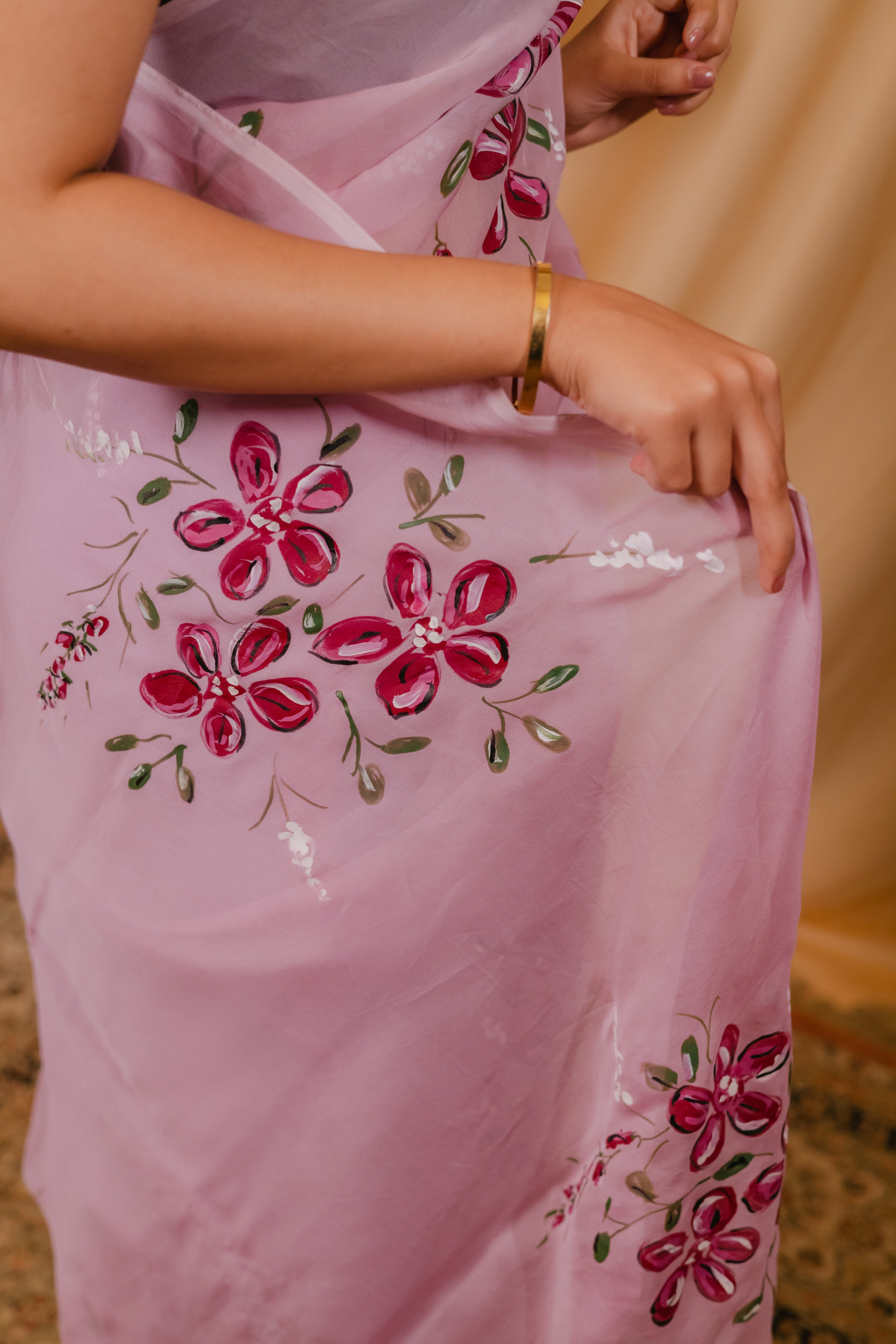 Wine Cotton Tissue Saree with Floral Hand-Paint Design