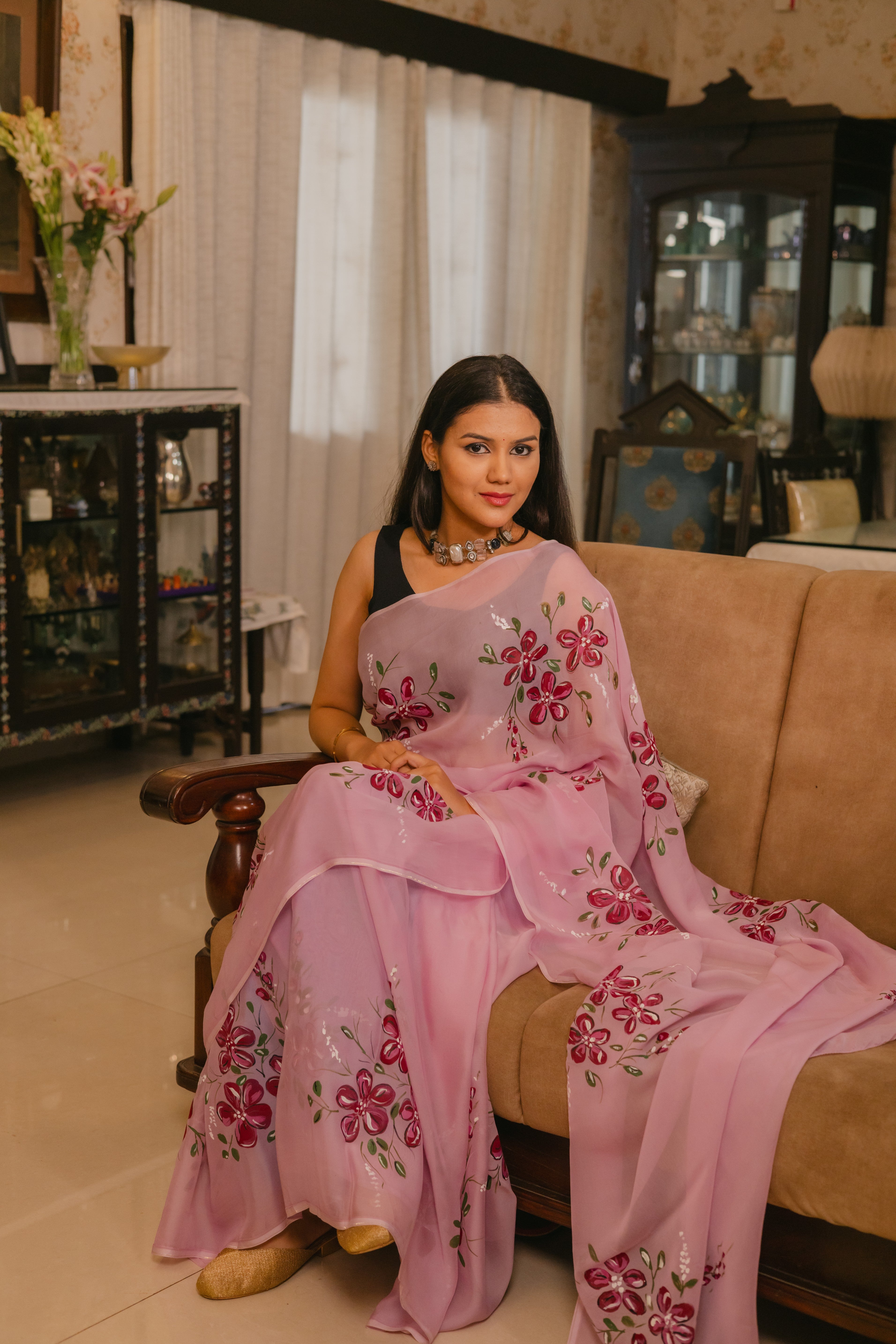 Wine Cotton Tissue Saree with Floral Hand-Paint Design