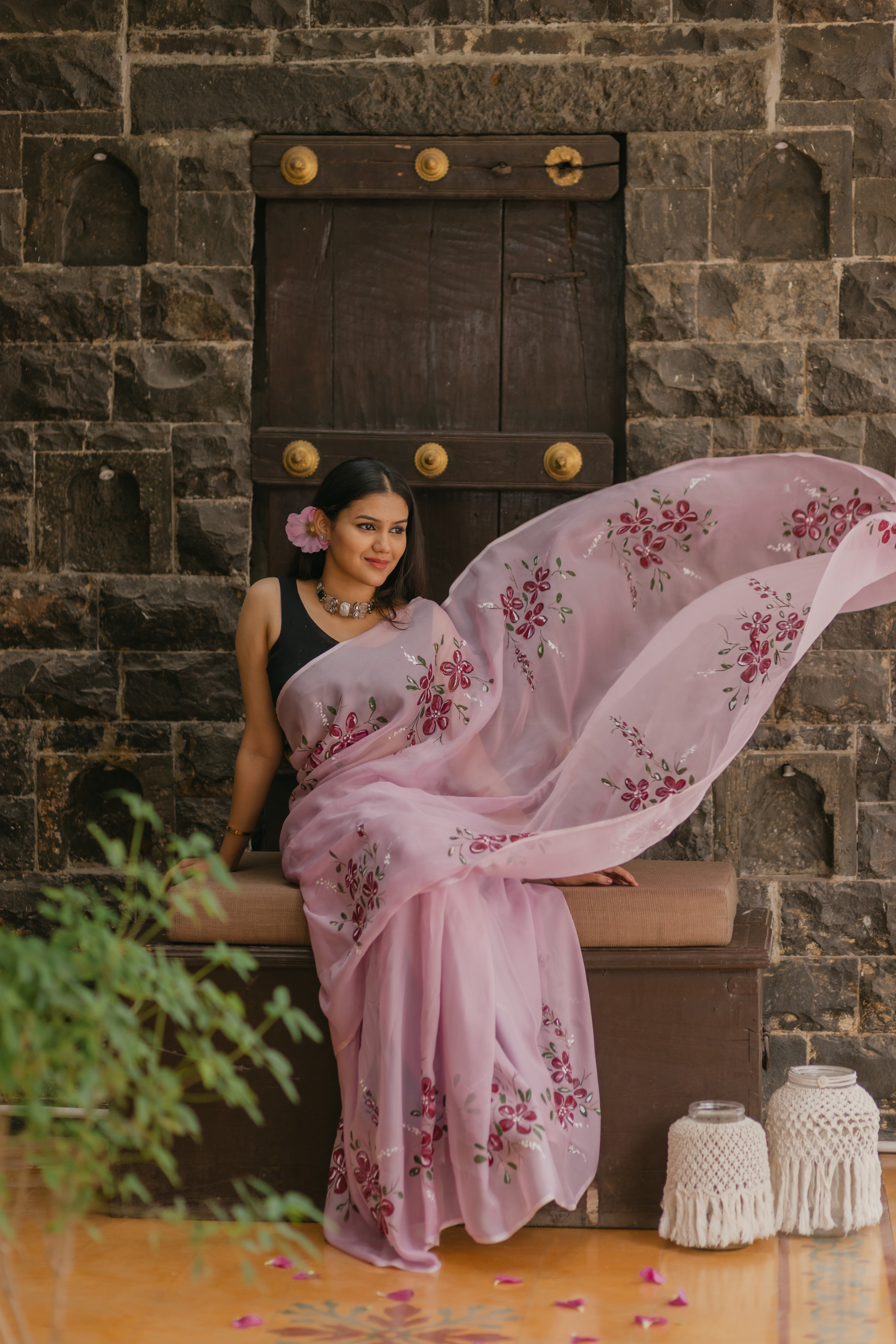 Wine Cotton Tissue Saree with Floral Hand-Paint Design