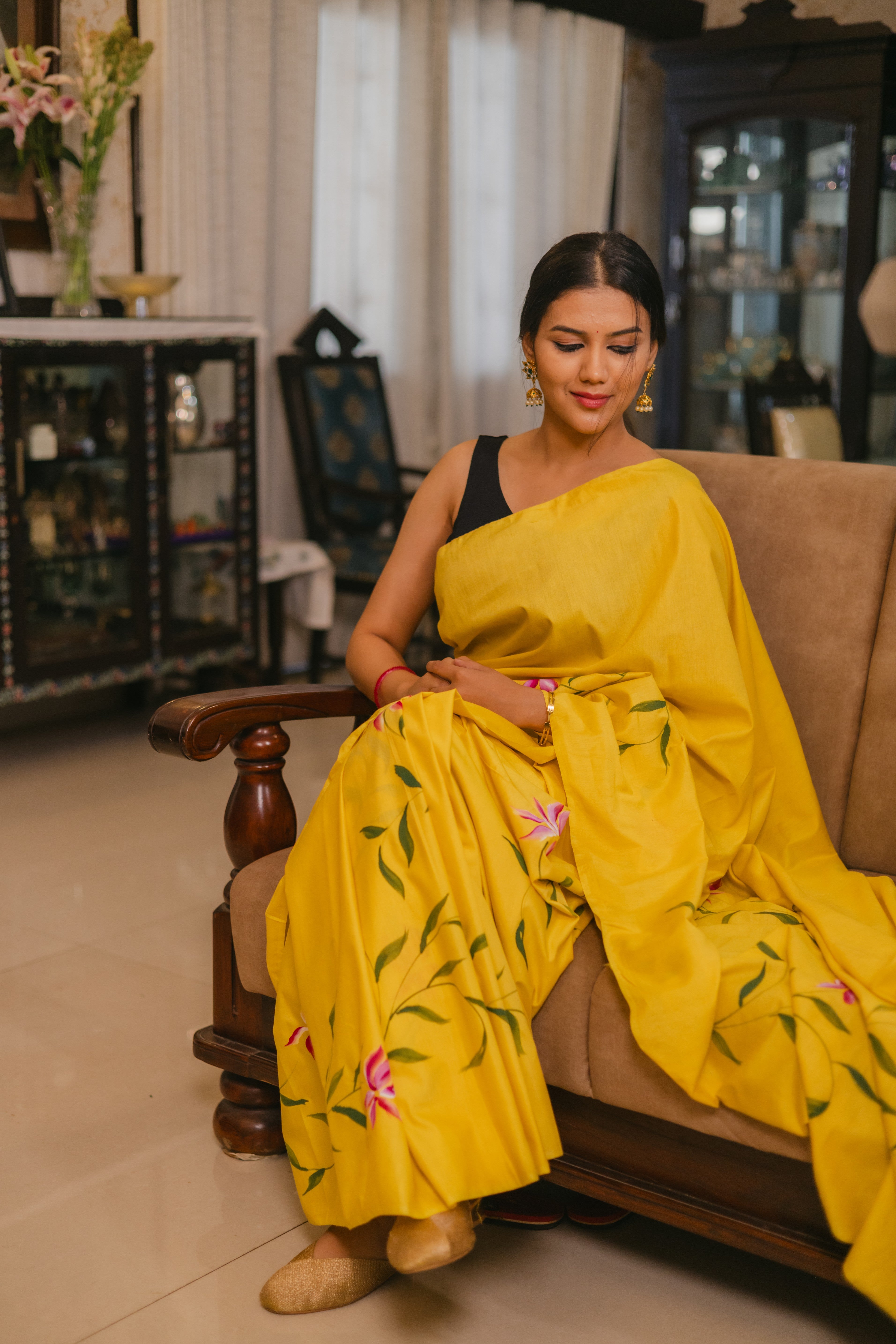 Yellow Saree with Hand-Printed Design