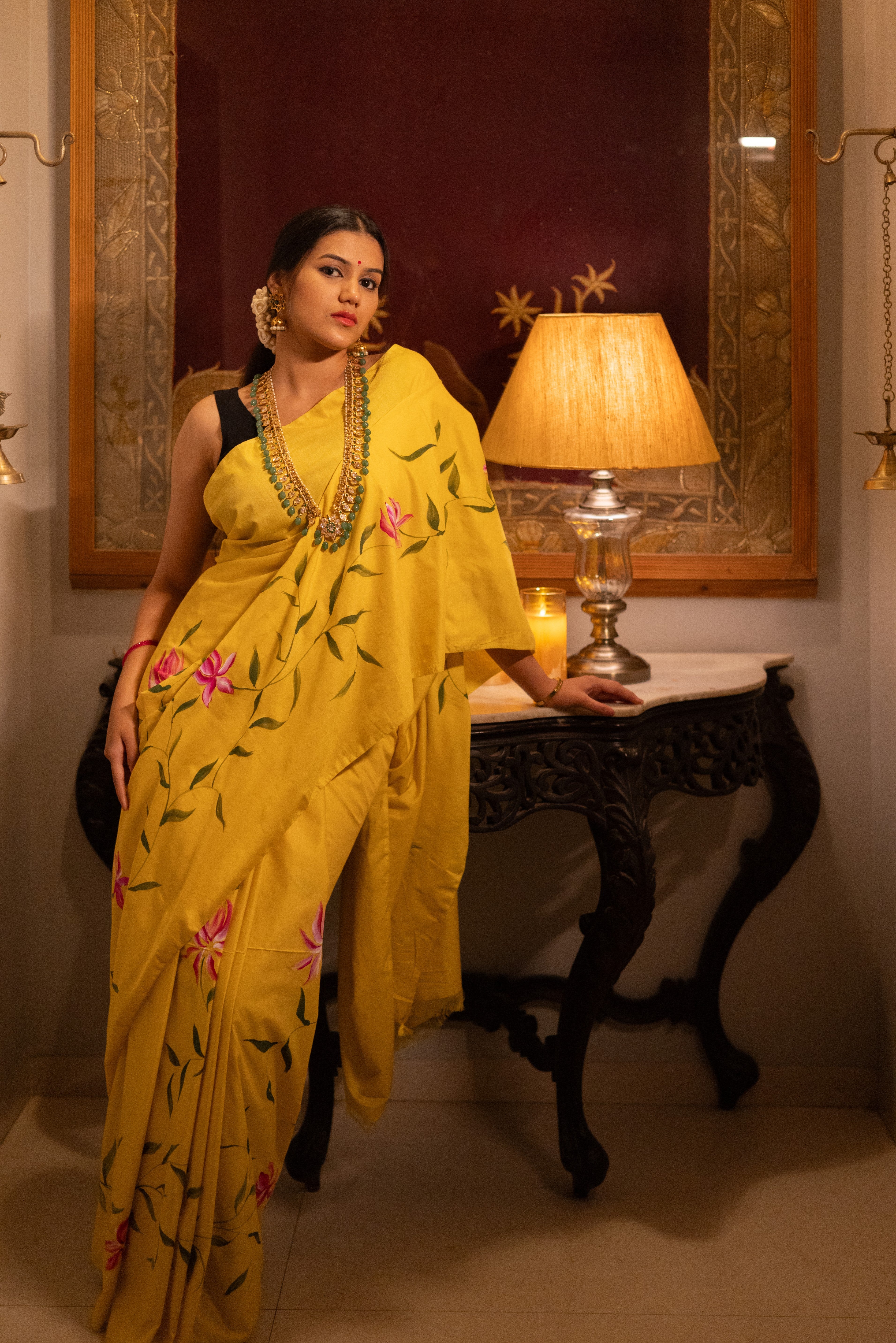 Yellow Saree with Hand-Printed Design