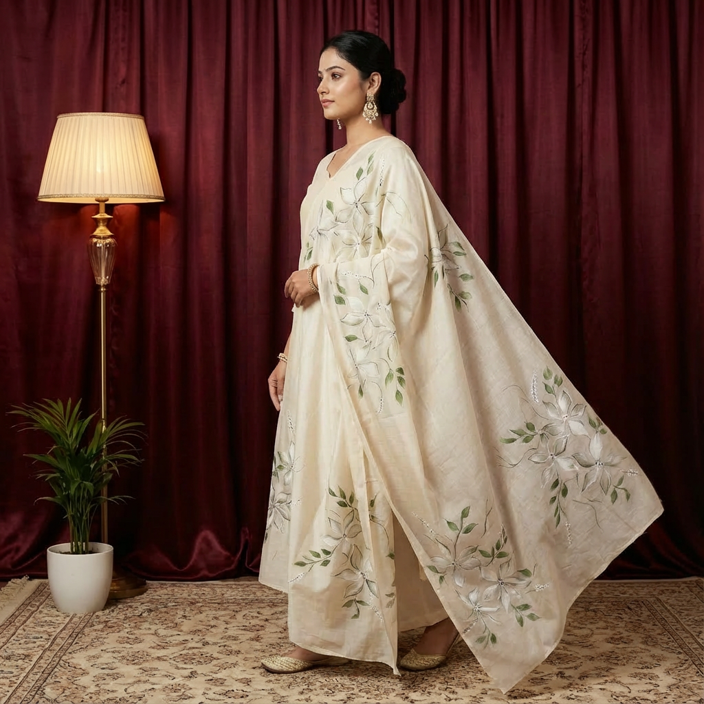 Pure Bliss Green Essence Hand-Painted Cotton Dupatta