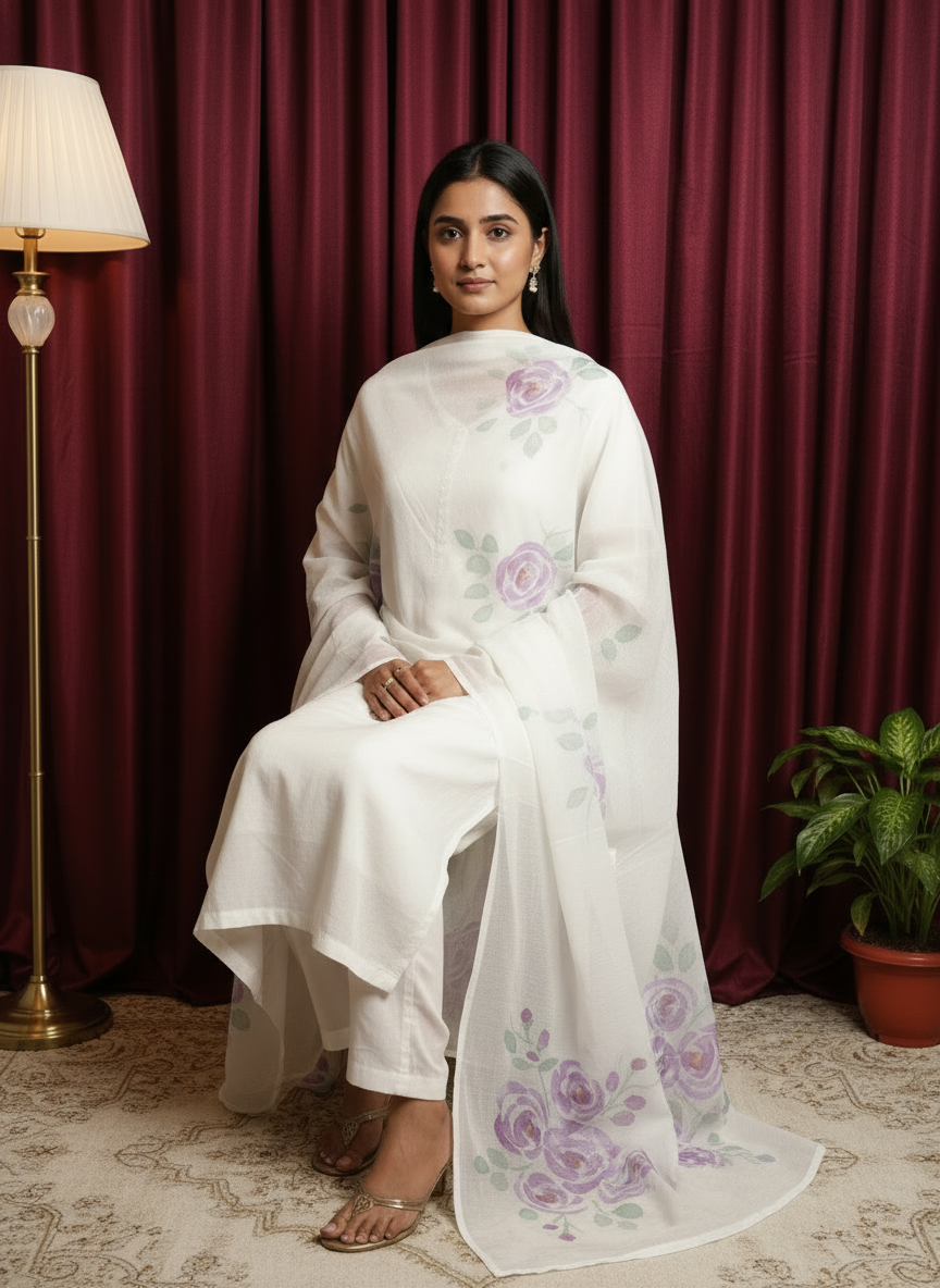 White Grace Hand-Painted Cotton Dupatta