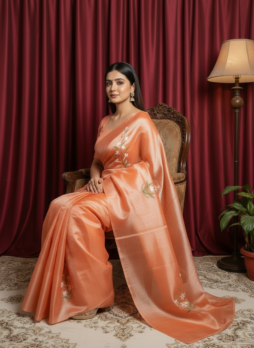 Orange Tissue kota  Floral Hand-Painted Saree