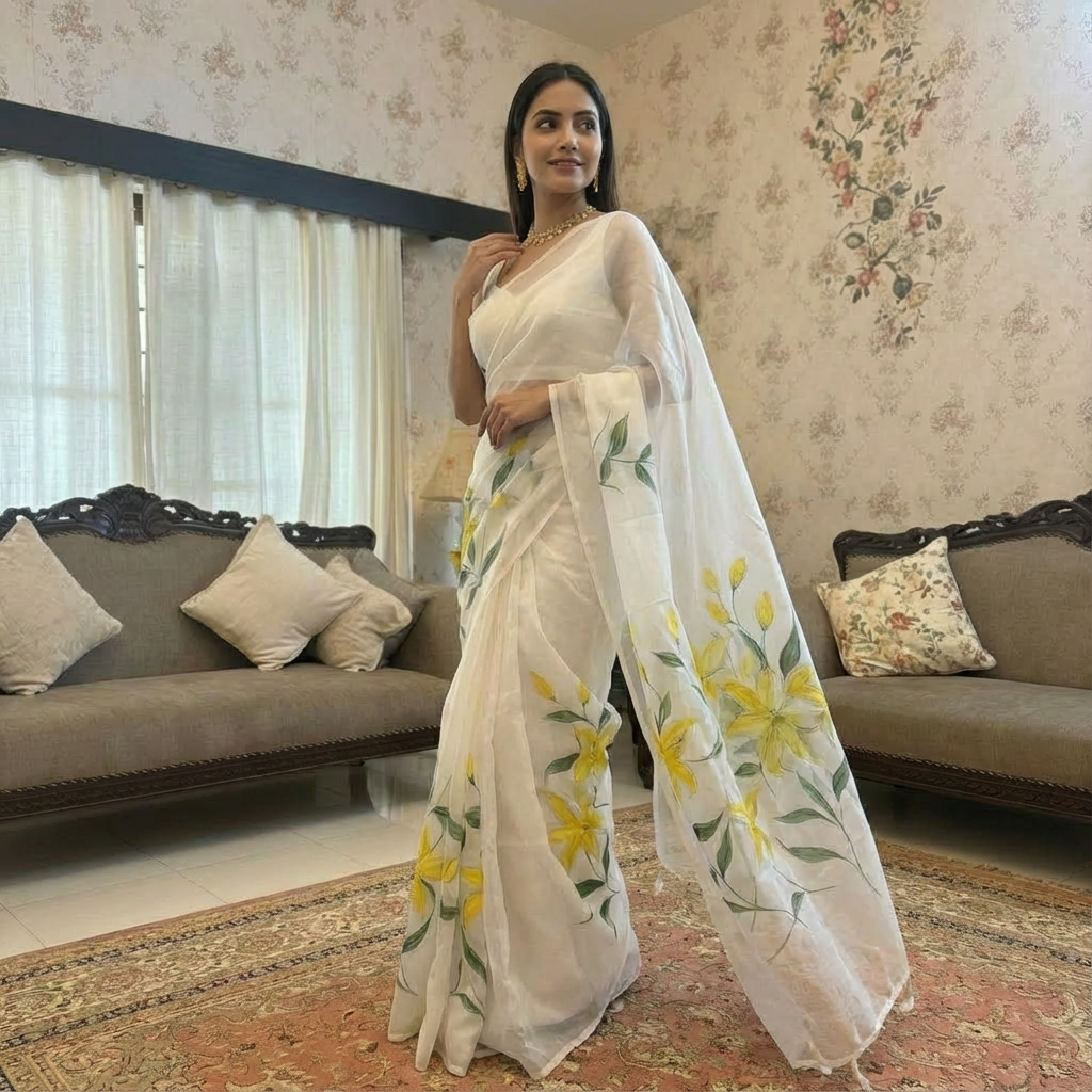 White Organza Saree with Yellow Floral Art