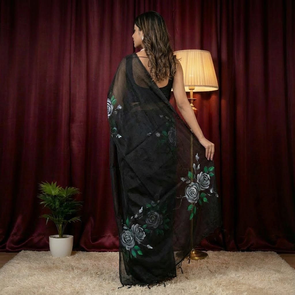 Royal Noir Kota Saree – Hand-Painted Artistic Design