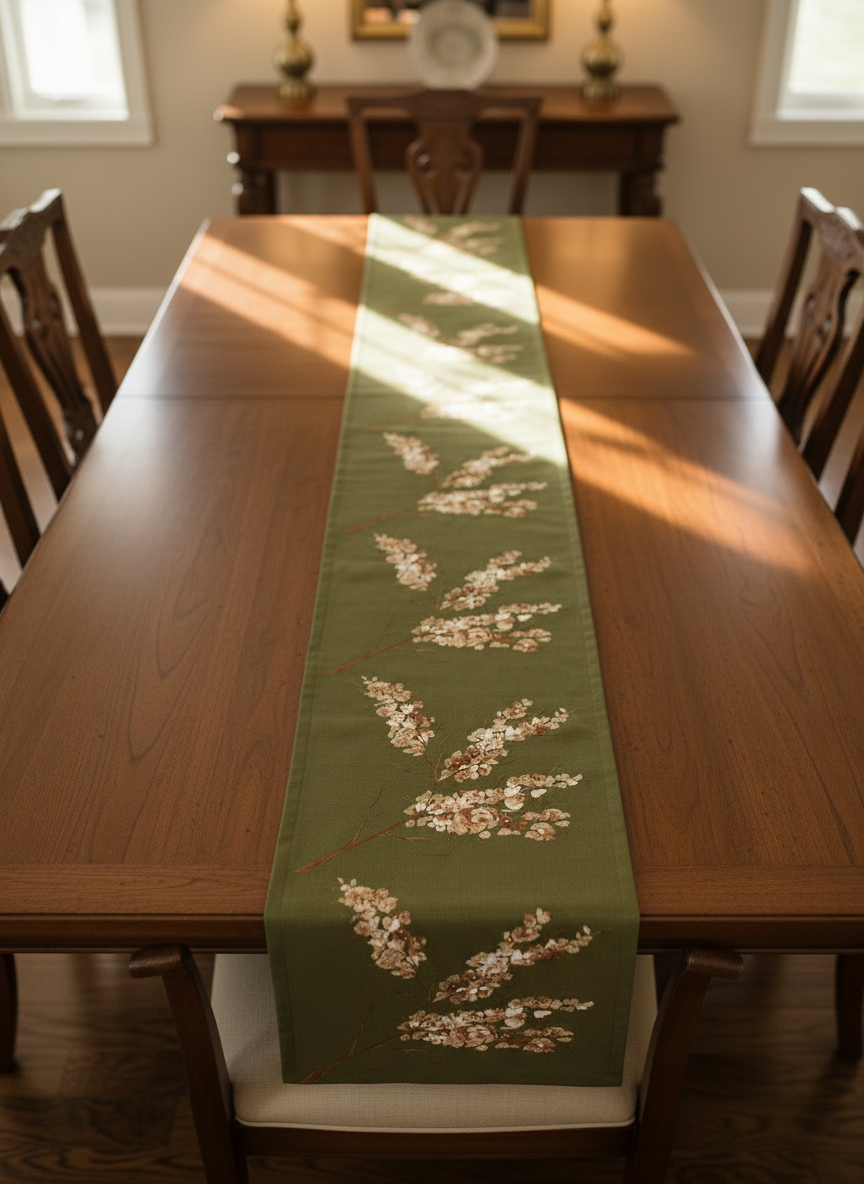 Olive Green Hand-Painted Design Table Runner