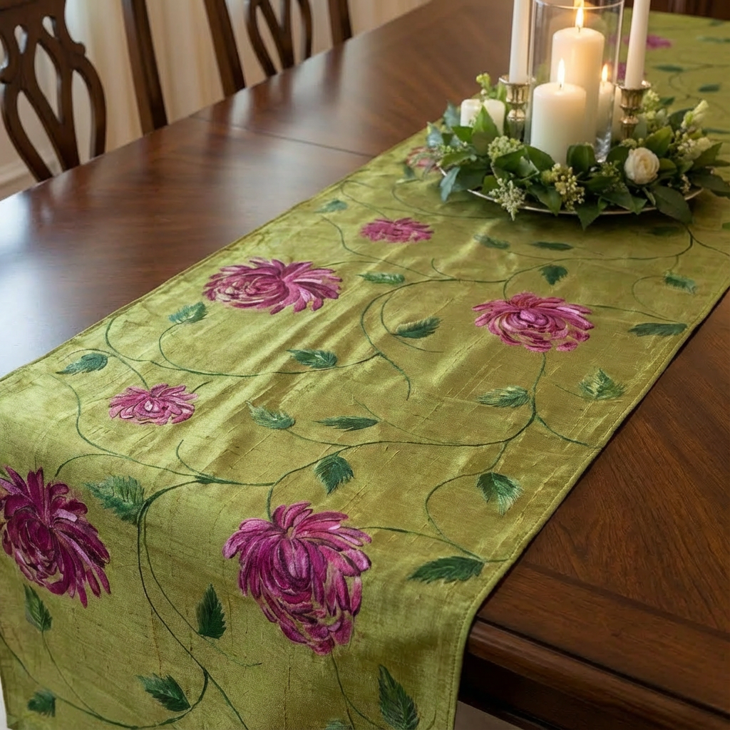 Olive Harmony Hand-Painted Design Table Runner