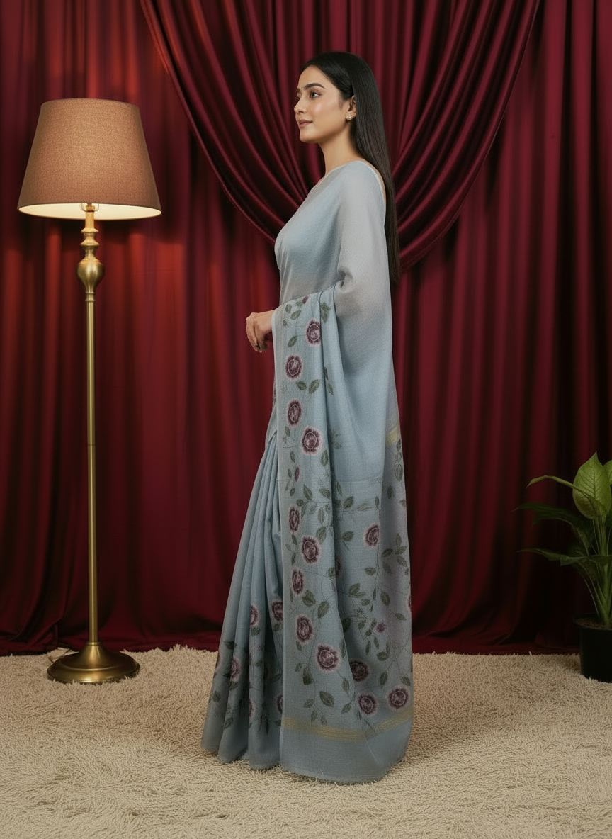 Modal Silk with Langadi Pallu Gray Hand-Painted Saree – Elegant & Artistic