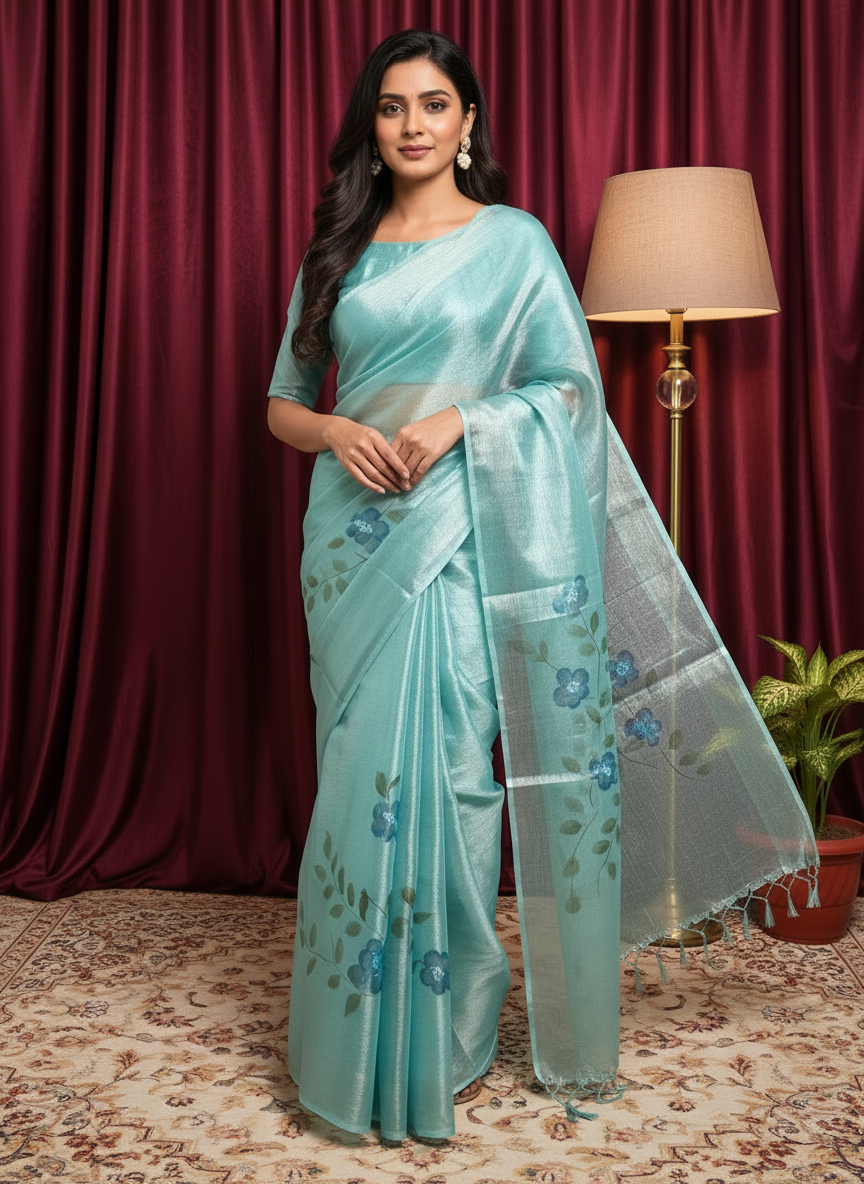 Cotton Tissue Cyan Floral Hand-Printed Saree