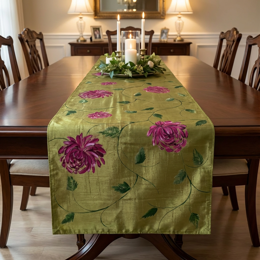 Olive Harmony Hand-Painted Design Table Runner