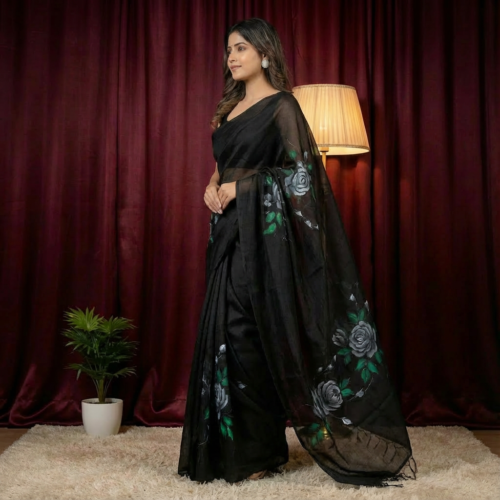 Royal Noir Kota Saree – Hand-Painted Artistic Design