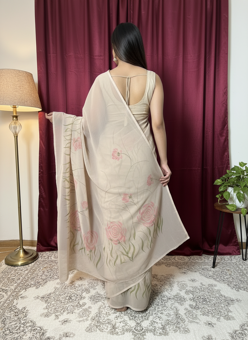 Serene Sand Beige Georgette Hand paint Saree