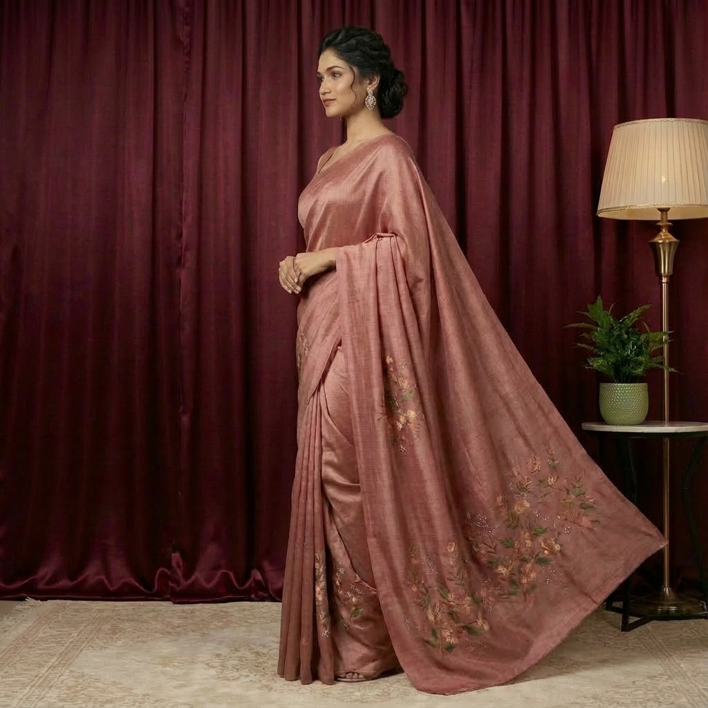 Banana Brown Silk Saree with Hand-Printed Design