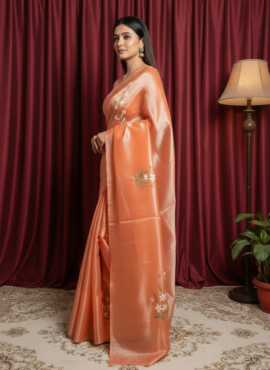 Orange Tissue kota  Floral Hand-Painted Saree