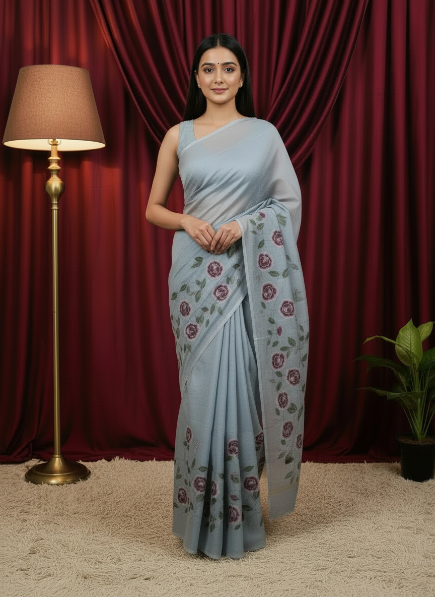 Modal Silk with Langadi Pallu Gray Hand-Painted Saree – Elegant & Artistic