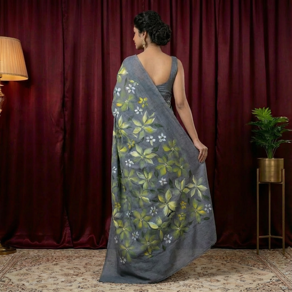 Banana Silk Gray Saree with Hand-Printed Design