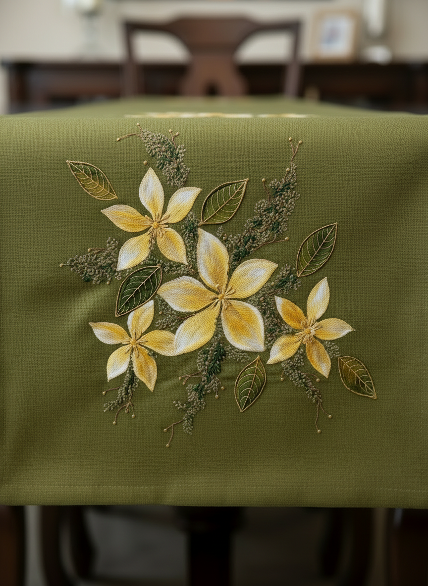Olive Green Hand-Painted Design Table Runner
