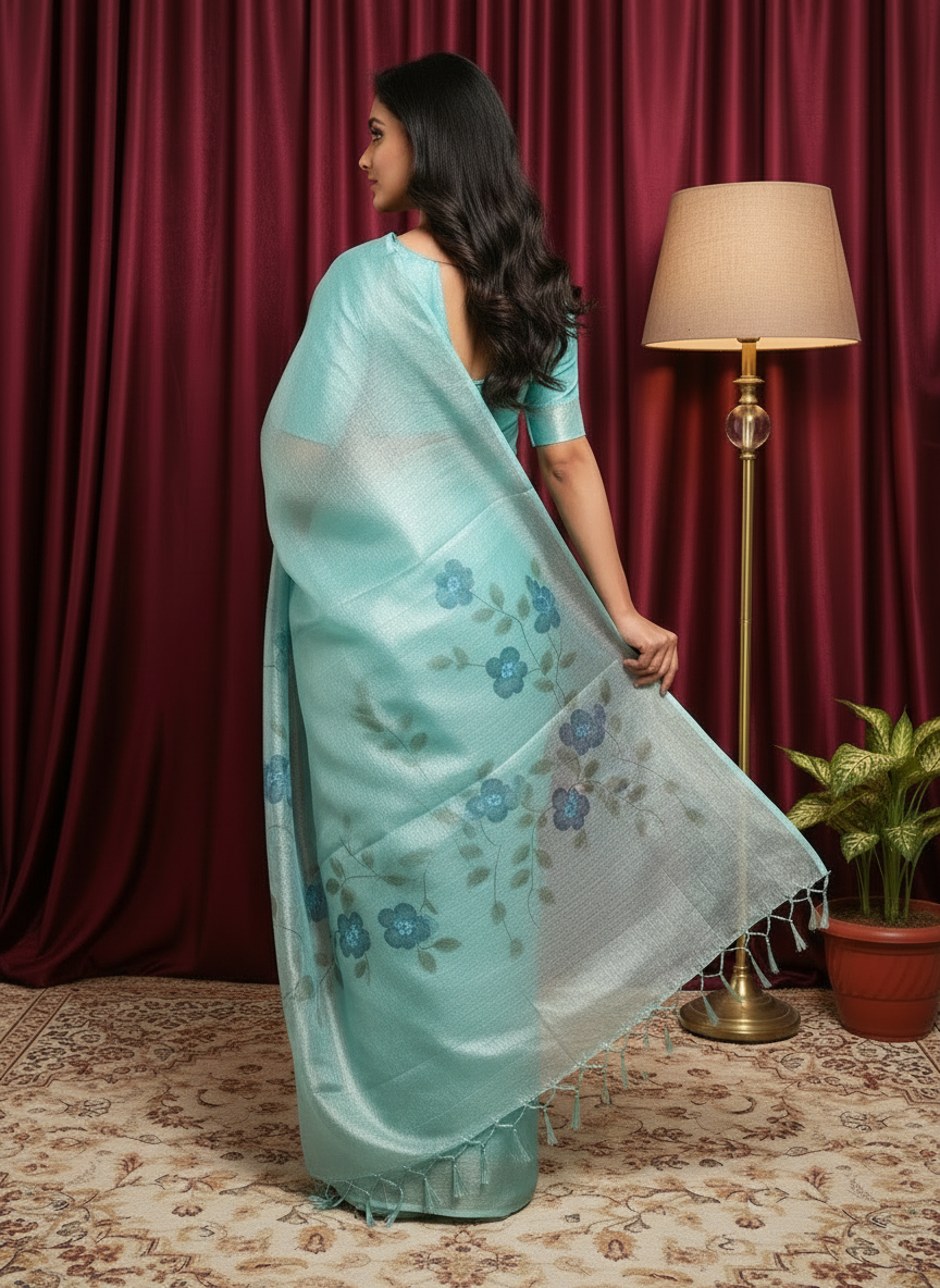 Cotton Tissue Cyan Floral Hand-Printed Saree
